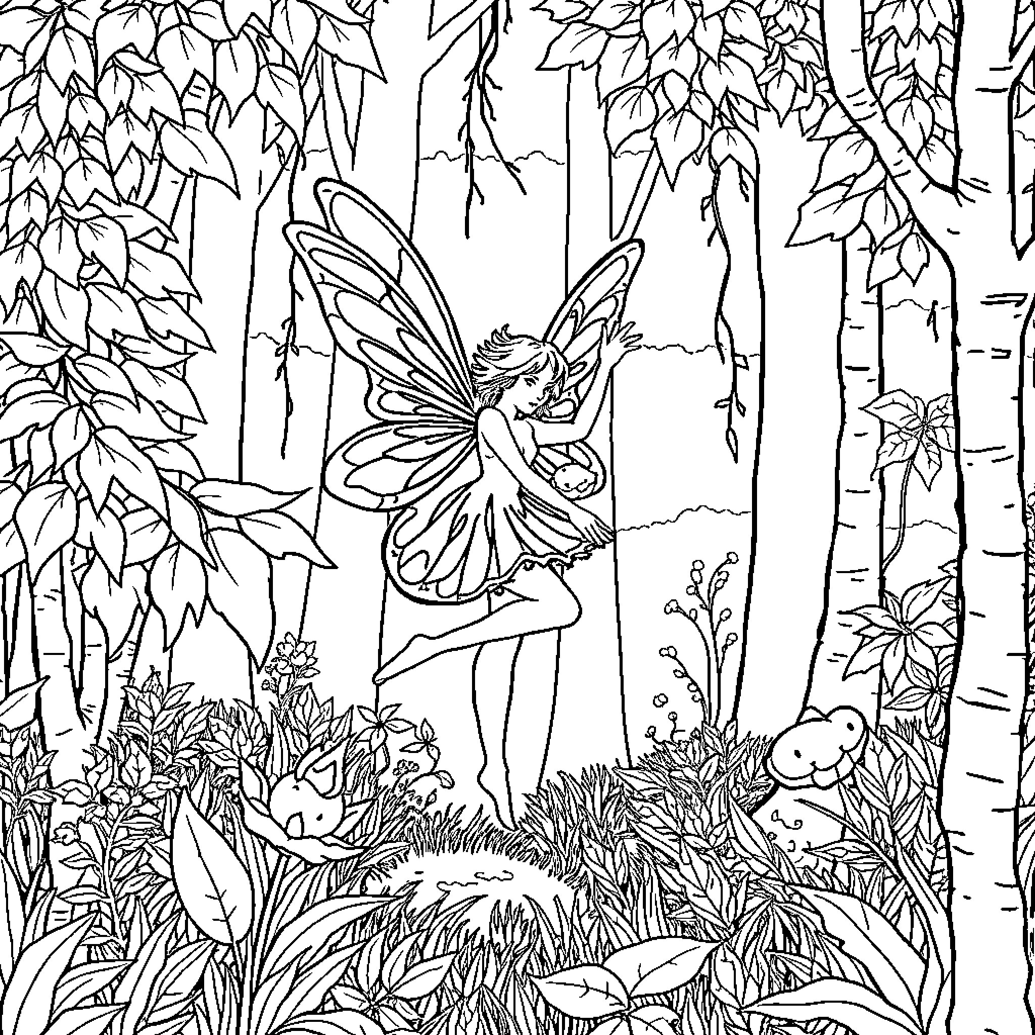 Fairy dancing gracefully in the enchanted forest Coloring Page (free black-and-white line drawing printable PDF for all, from beginners to advanced learners, including children, teens, adults, and seniors)