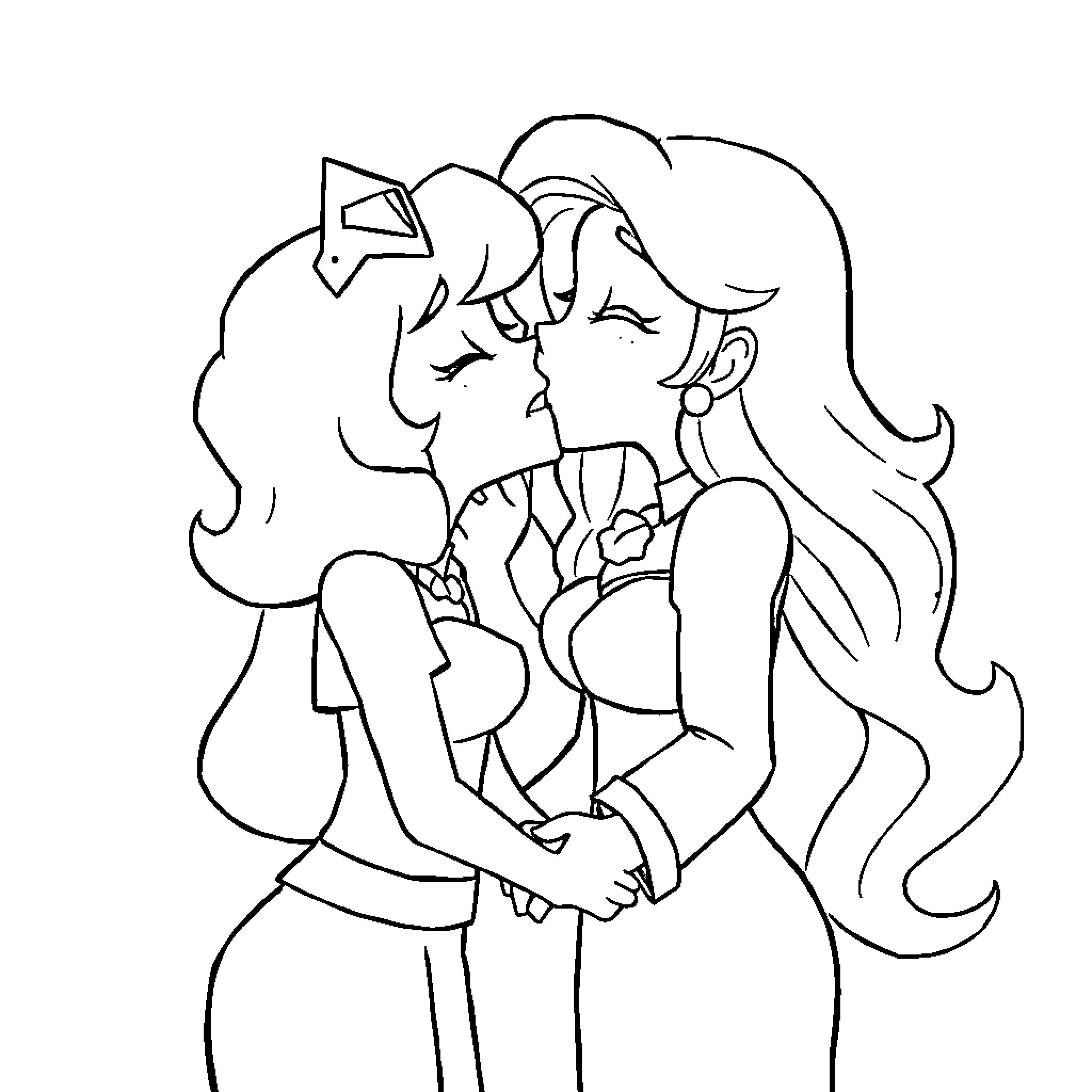 Amethyst Sisters' Heartfelt Embrace Coloring Page (free black-and-white line drawing printable PDF for all, from beginners to advanced learners, including children, teens, adults, and seniors)