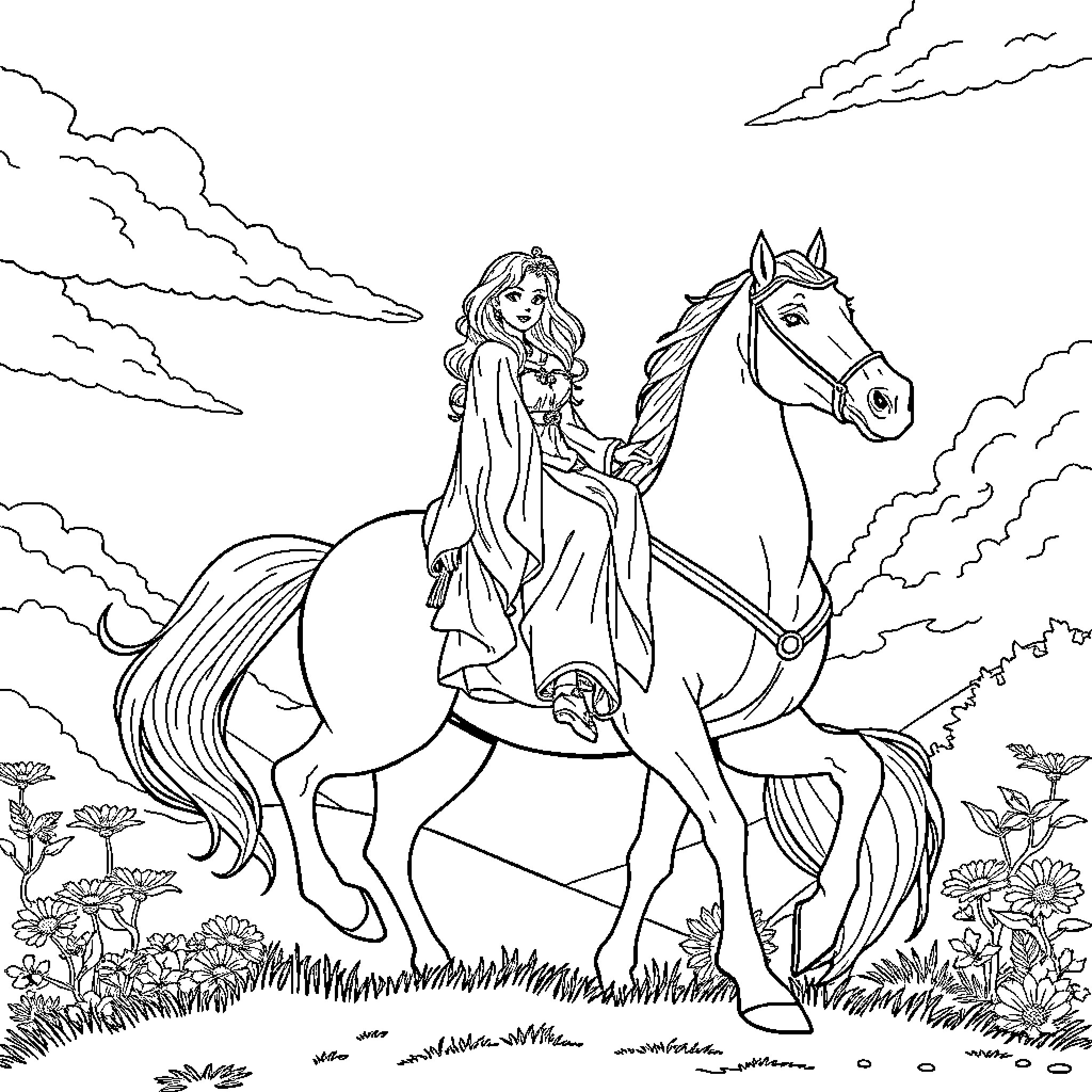 Frieren's adventurous journey on a majestic steed Coloring Page (free black-and-white line drawing printable PDF for all, from beginners to advanced learners, including children, teens, adults, and seniors)