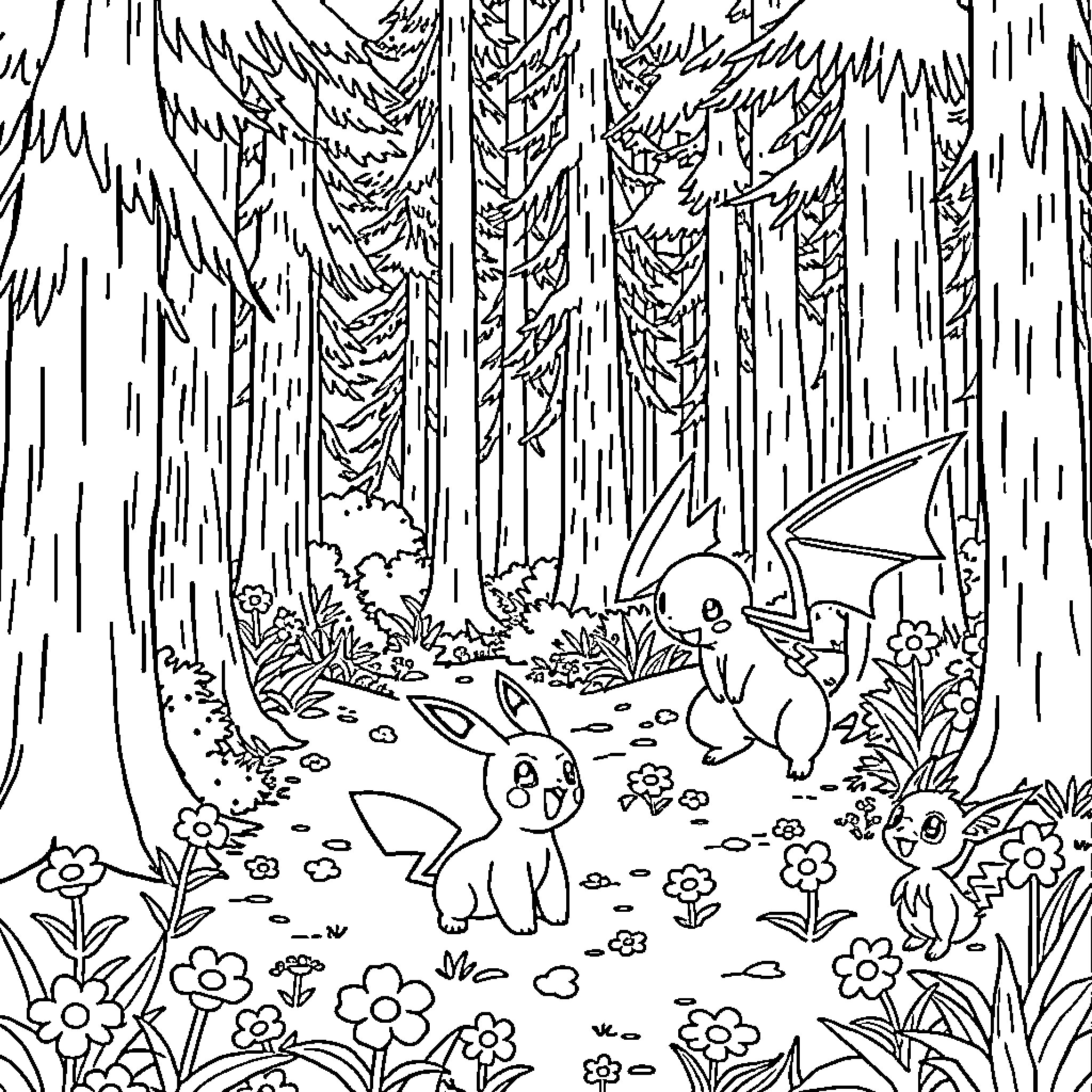 Pokémon characters exploring a magical forest landscape Coloring Page (free black-and-white line drawing printable PDF for all, from beginners to advanced learners, including children, teens, adults, and seniors)