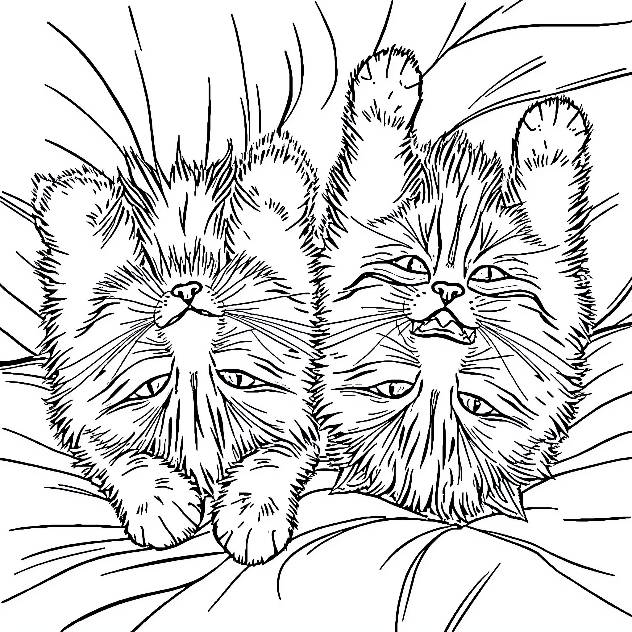 Cat duo playfully interacting Coloring Page (free black-and-white line drawing printable PDF for all, from beginners to advanced learners, including children, teens, adults, and seniors)