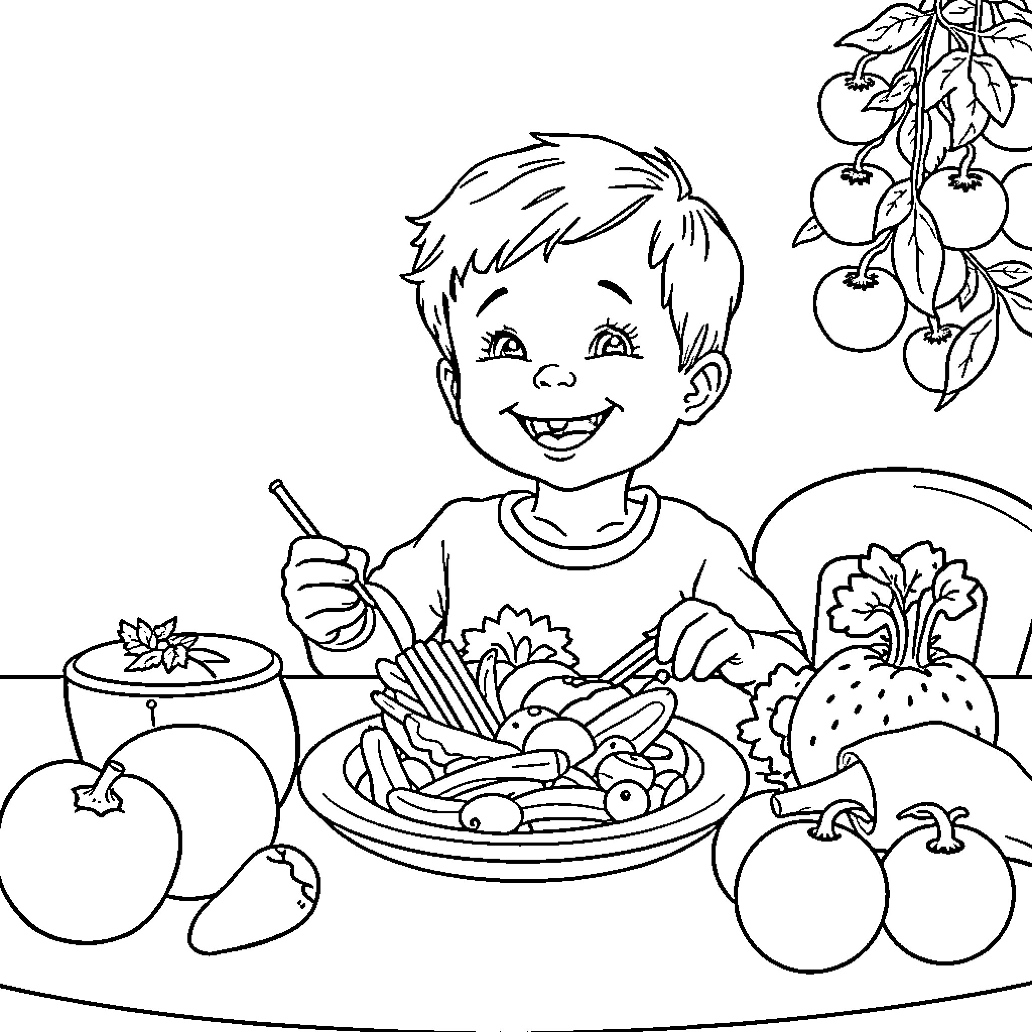 Child enjoying a healthy meal with fruits and vegetables Coloring Page (free black-and-white line drawing printable PDF for all, from beginners to advanced learners, including children, teens, adults, and seniors)