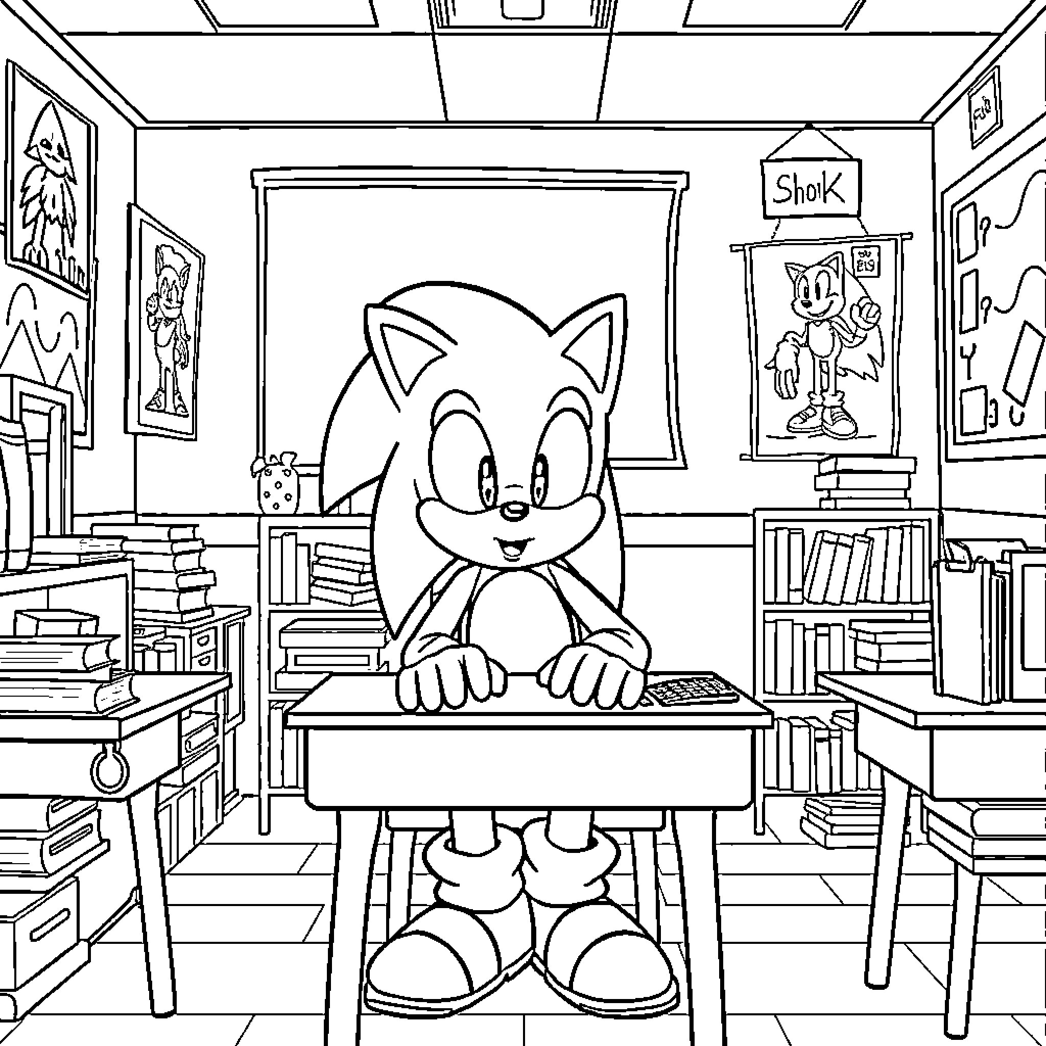 Sonic Enjoying a Book in the Library Coloring Page (free black-and-white line drawing printable PDF for all, from beginners to advanced learners, including children, teens, adults, and seniors)