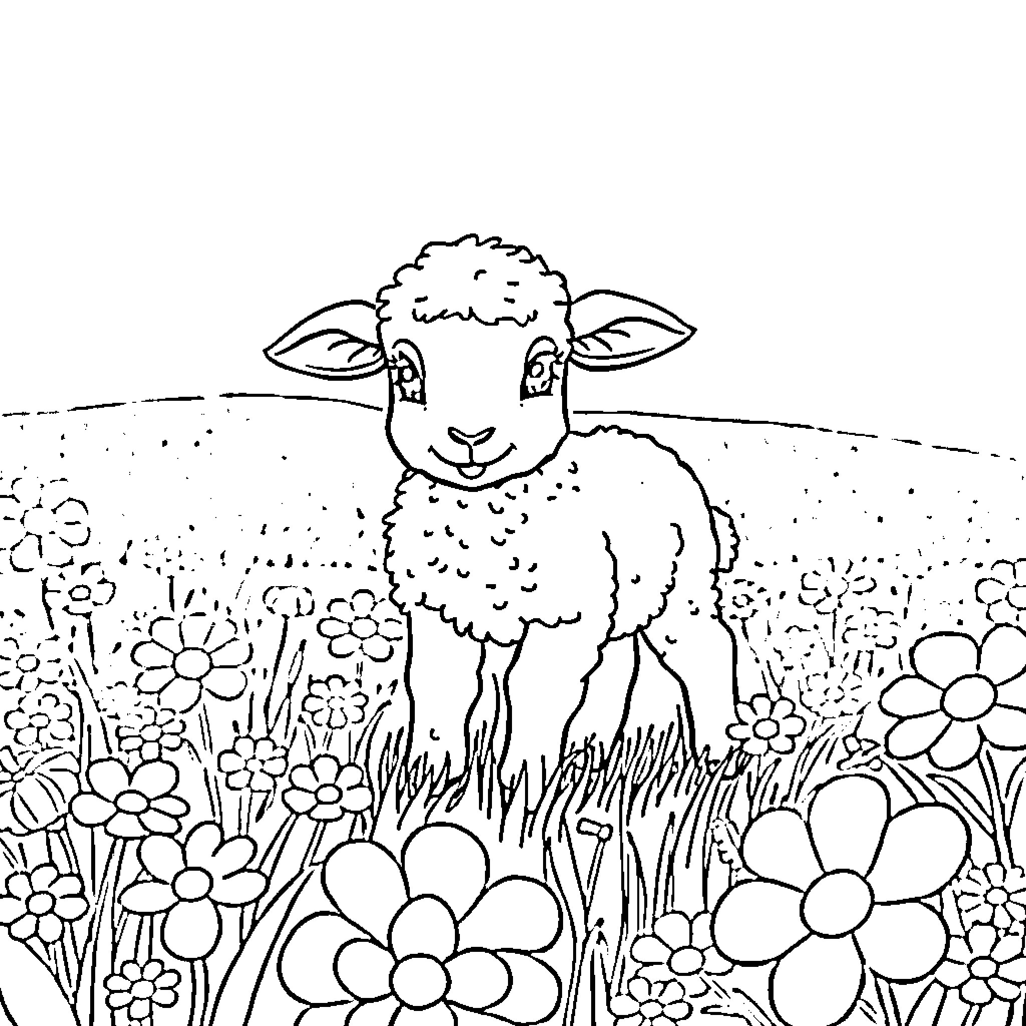 Sheep enjoying a field of flowers Coloring Page (free black-and-white line drawing printable PDF for all, from beginners to advanced learners, including children, teens, adults, and seniors)