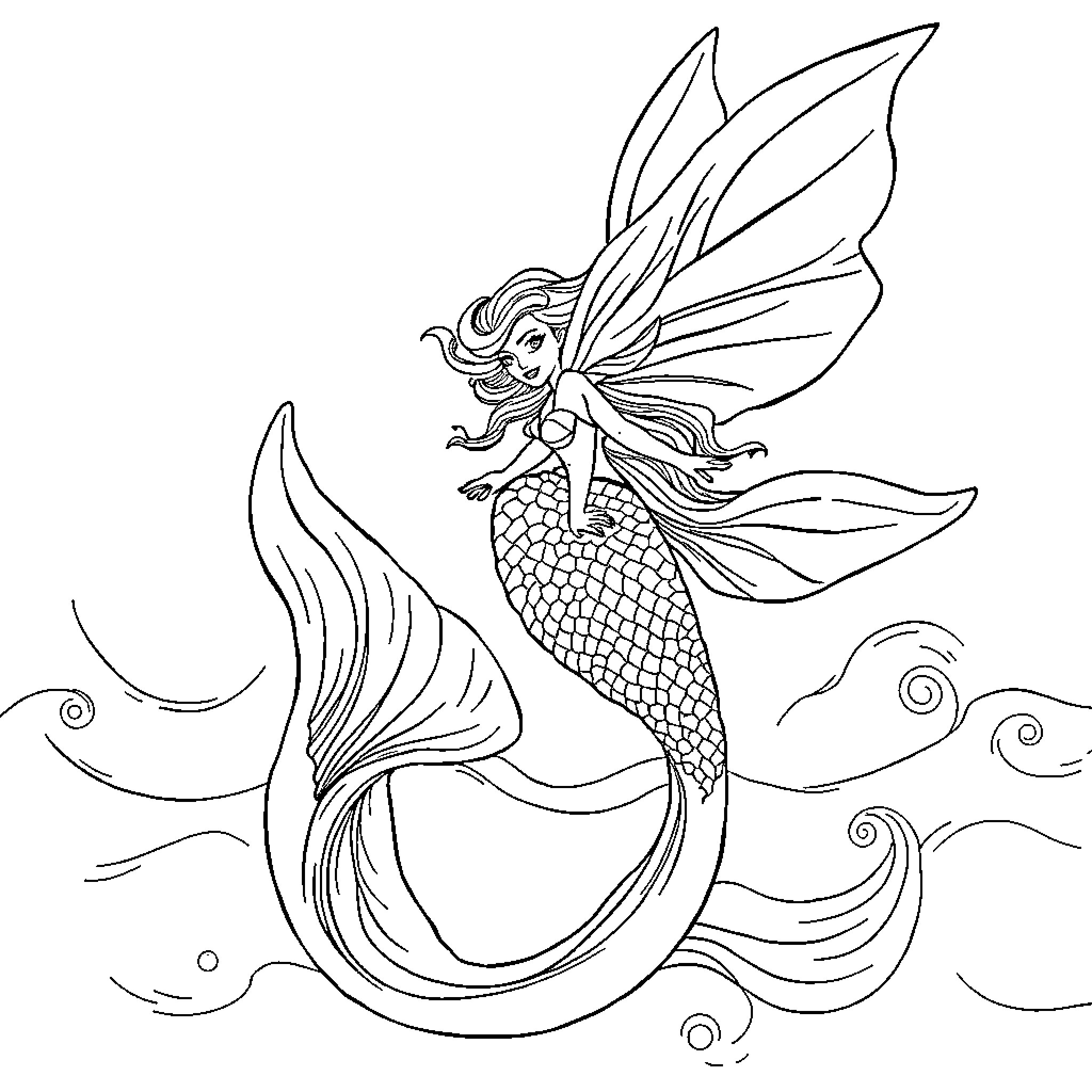 Mermaid riding a wave with graceful movement Coloring Page (free black-and-white line drawing printable PDF for all, from beginners to advanced learners, including children, teens, adults, and seniors)