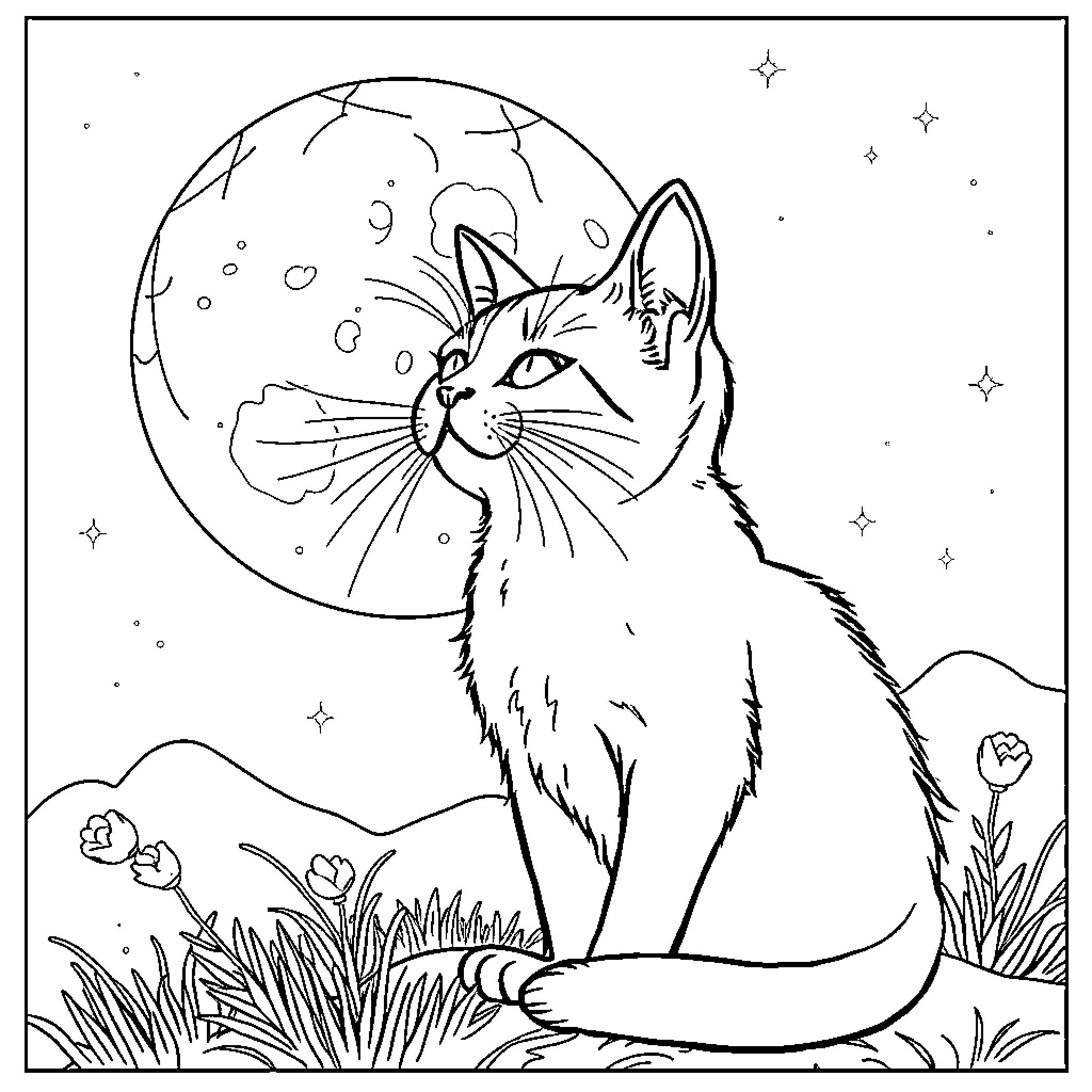 Gato gazing at the luminous moon Coloring Page (free black-and-white line drawing printable PDF for all, from beginners to advanced learners, including children, teens, adults, and seniors)