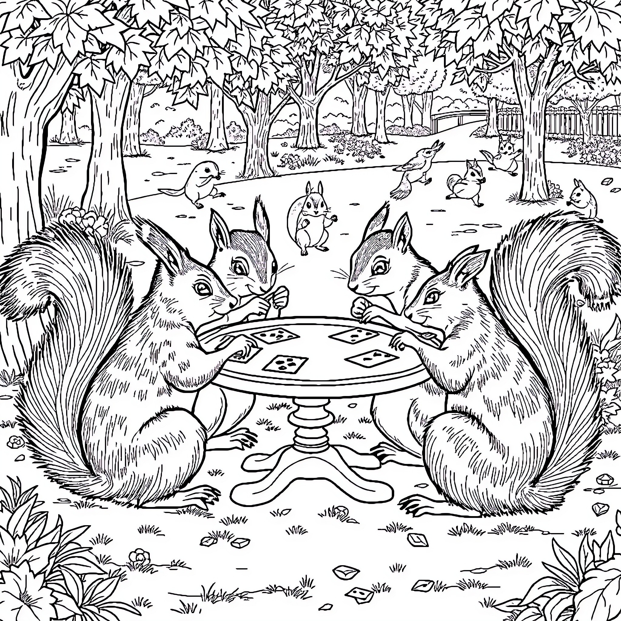 Squirrels playing card game in autumn forest Coloring Page (free black-and-white line drawing printable PDF for all, from beginners to advanced learners, including children, teens, adults, and seniors)