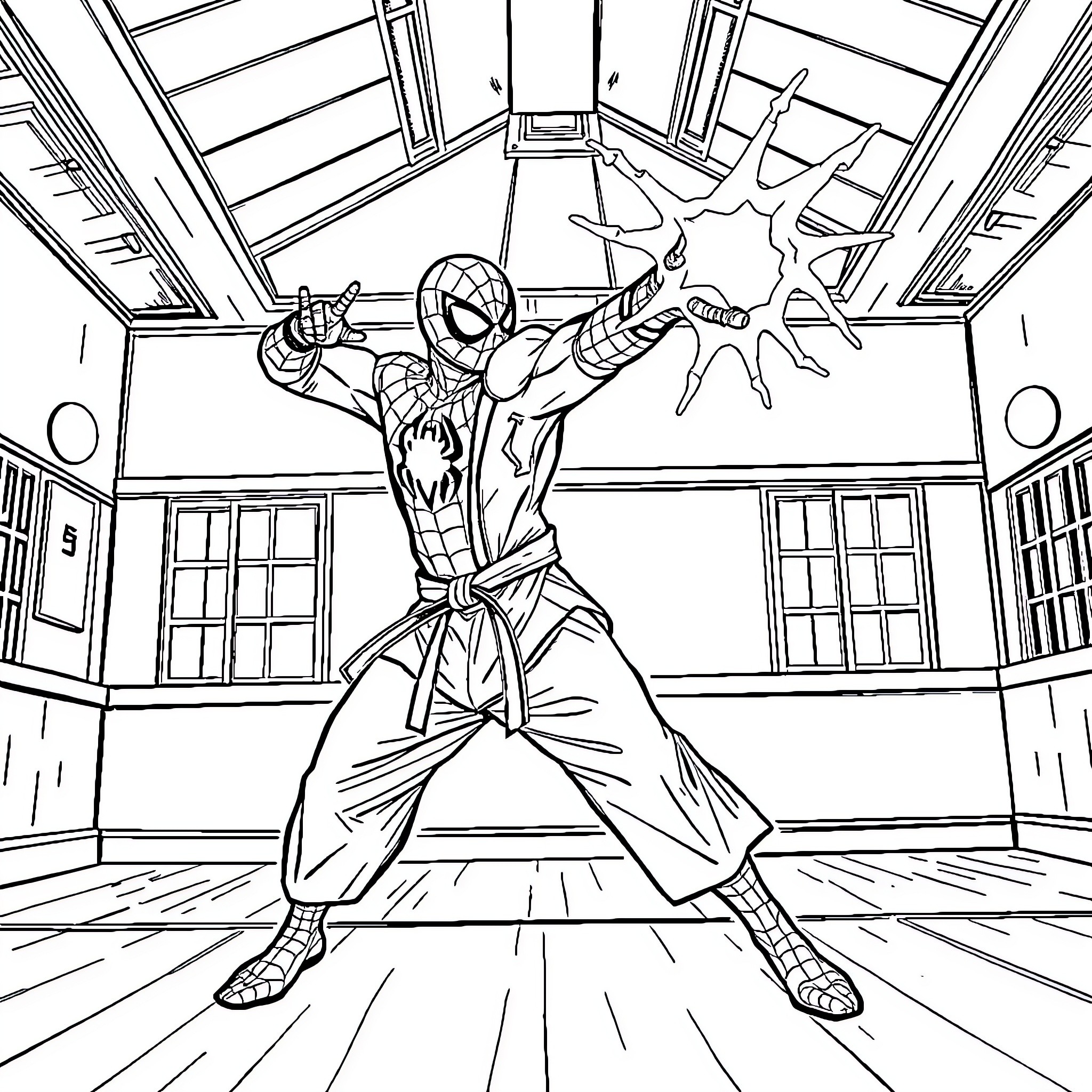 Spiderman swinging through action-packed scene Coloring Page (free black-and-white line drawing printable PDF for all, from beginners to advanced learners, including children, teens, adults, and seniors)