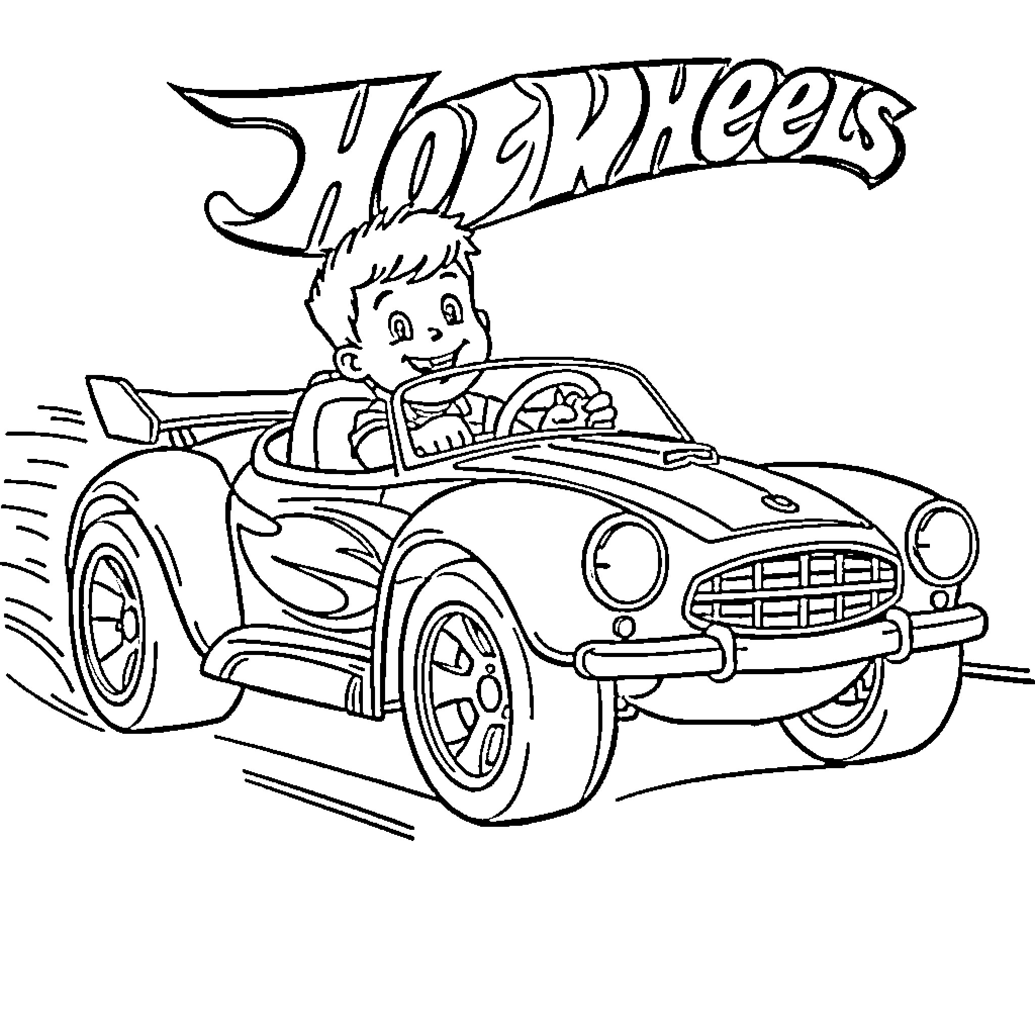 Hotwheels Car Boy Drives Cheerfully Coloring Page (free black-and-white line drawing printable PDF for all, from beginners to advanced learners, including children, teens, adults, and seniors)
