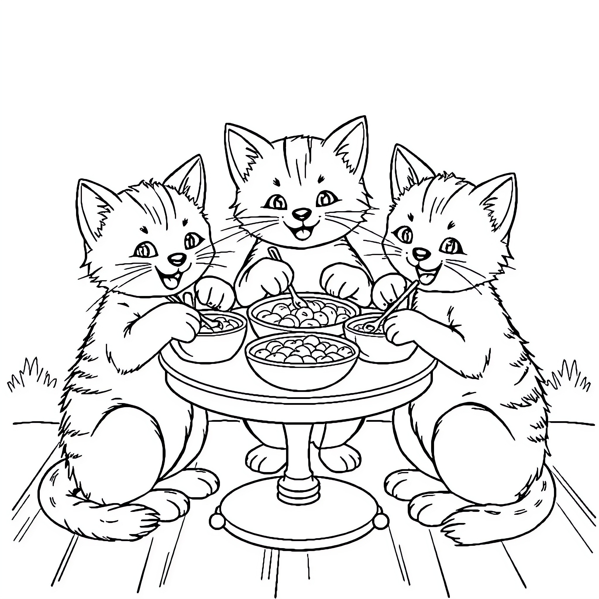 Cat Family Enjoying a Meal Together Coloring Page (free black-and-white line drawing printable PDF for all, from beginners to advanced learners, including children, teens, adults, and seniors)