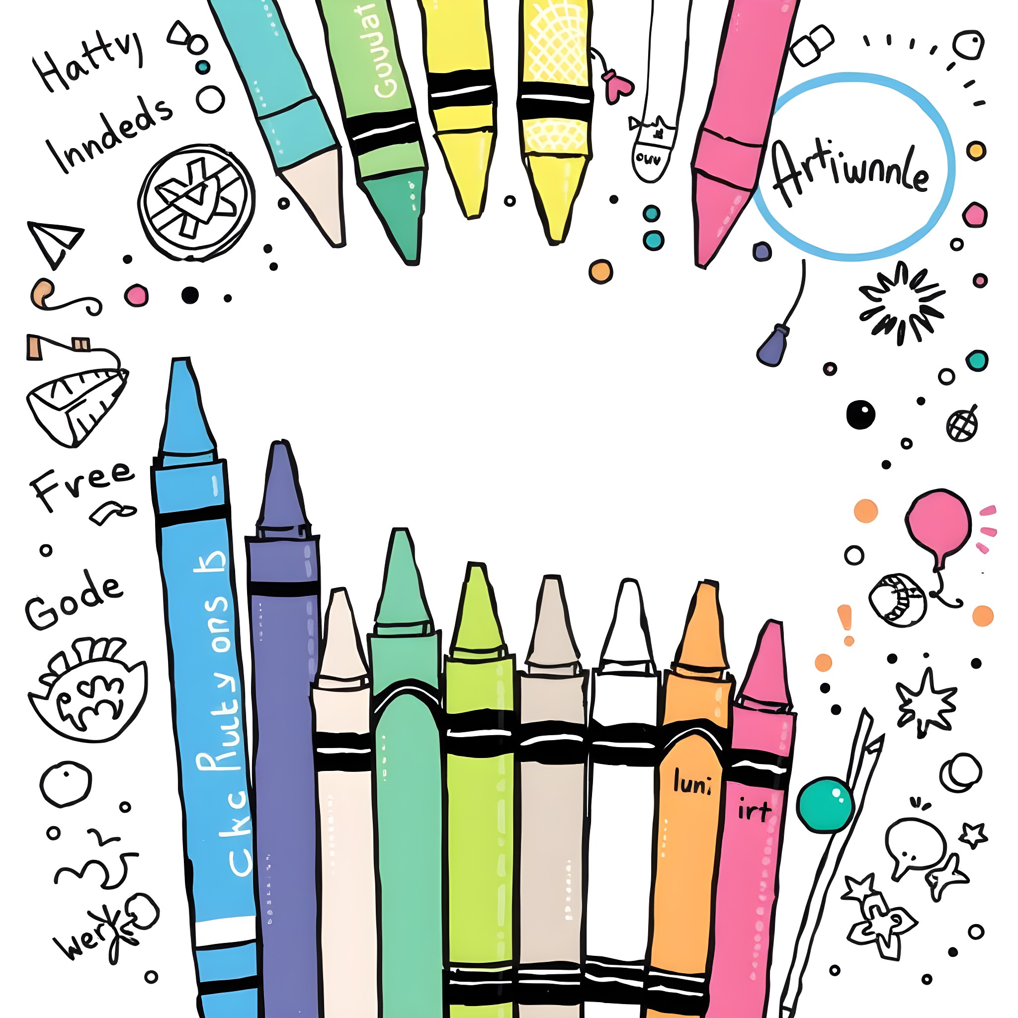 Crayon Adventure: Whimsical Expressions and Playful Designs Coloring Page (free black-and-white line drawing printable PDF for all, from beginners to advanced learners, including children, teens, adults, and seniors)