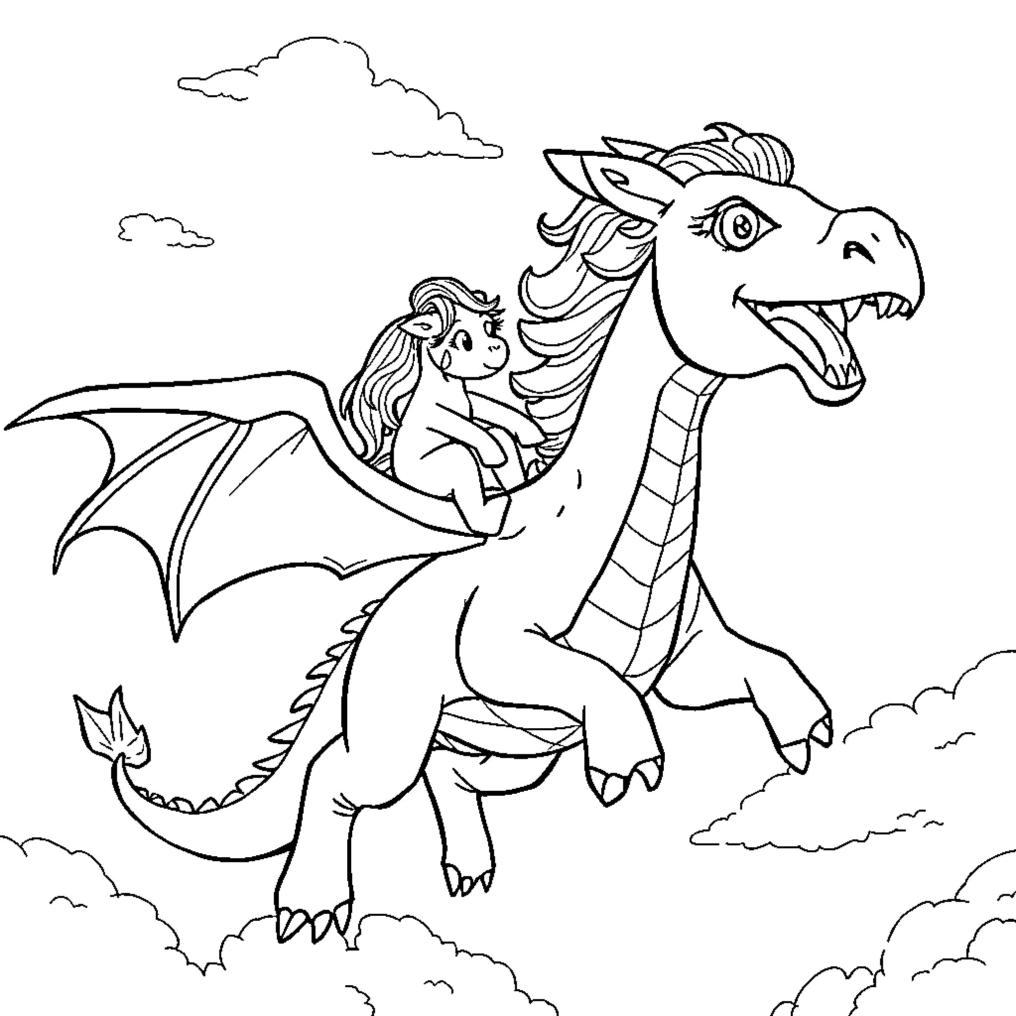 Pony dragon rider explores the clouds Coloring Page (free black-and-white line drawing printable PDF for all, from beginners to advanced learners, including children, teens, adults, and seniors)