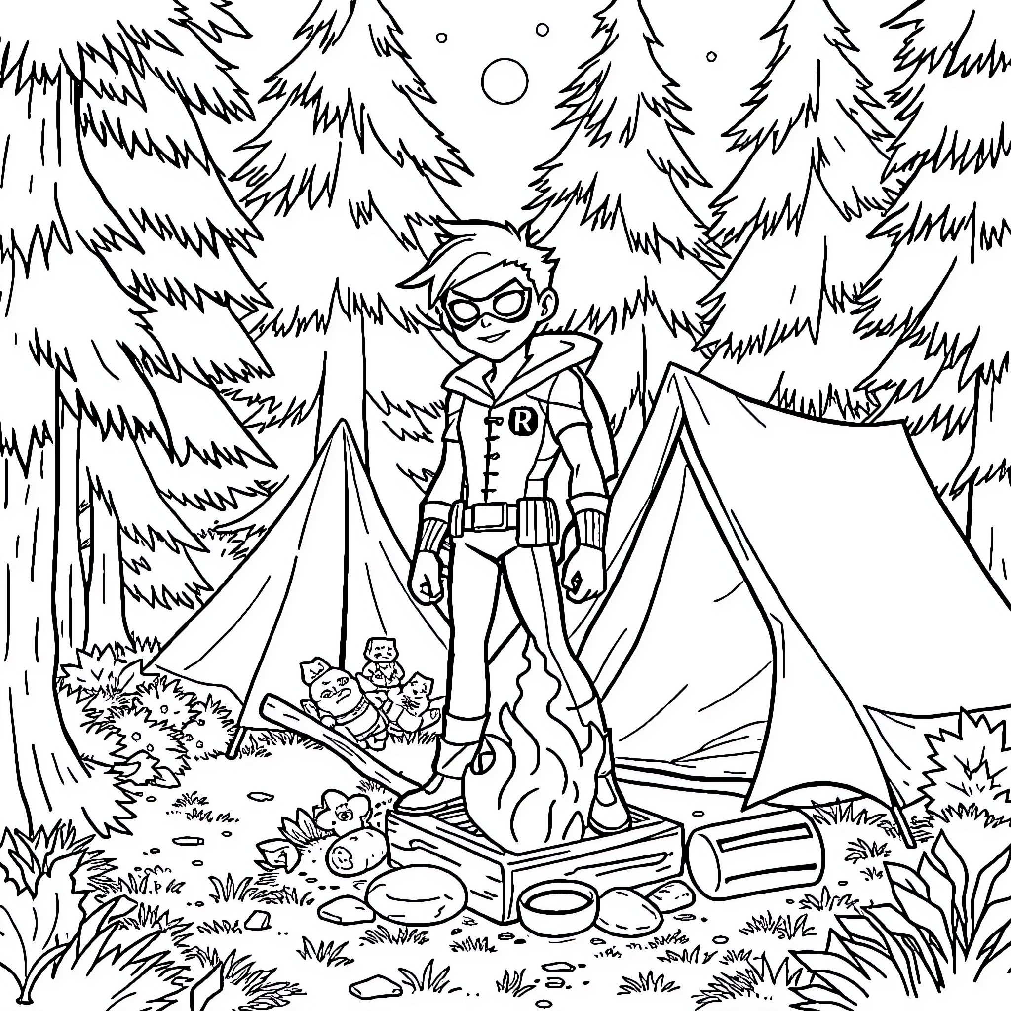 Robin Camping in the Wintry Forest Coloring Page (free black-and-white line drawing printable PDF for all, from beginners to advanced learners, including children, teens, adults, and seniors)