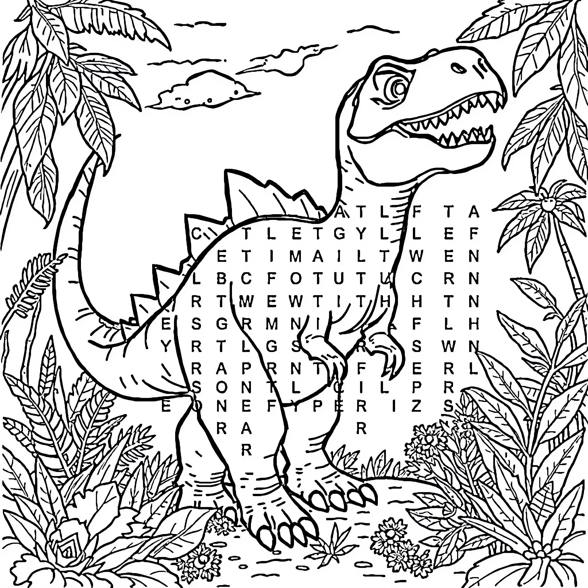 Dinosaur in Jungle Exploring the Wilderness Coloring Page (free black-and-white line drawing printable PDF for all, from beginners to advanced learners, including children, teens, adults, and seniors)