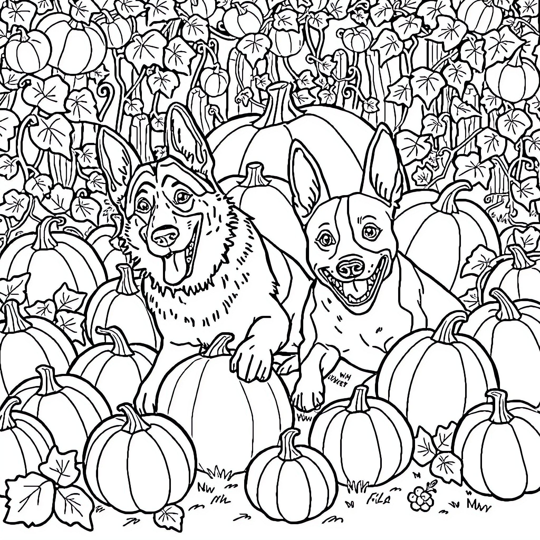 Dog companions playing in a pumpkin patch Coloring Page (free black-and-white line drawing printable PDF for all, from beginners to advanced learners, including children, teens, adults, and seniors)
