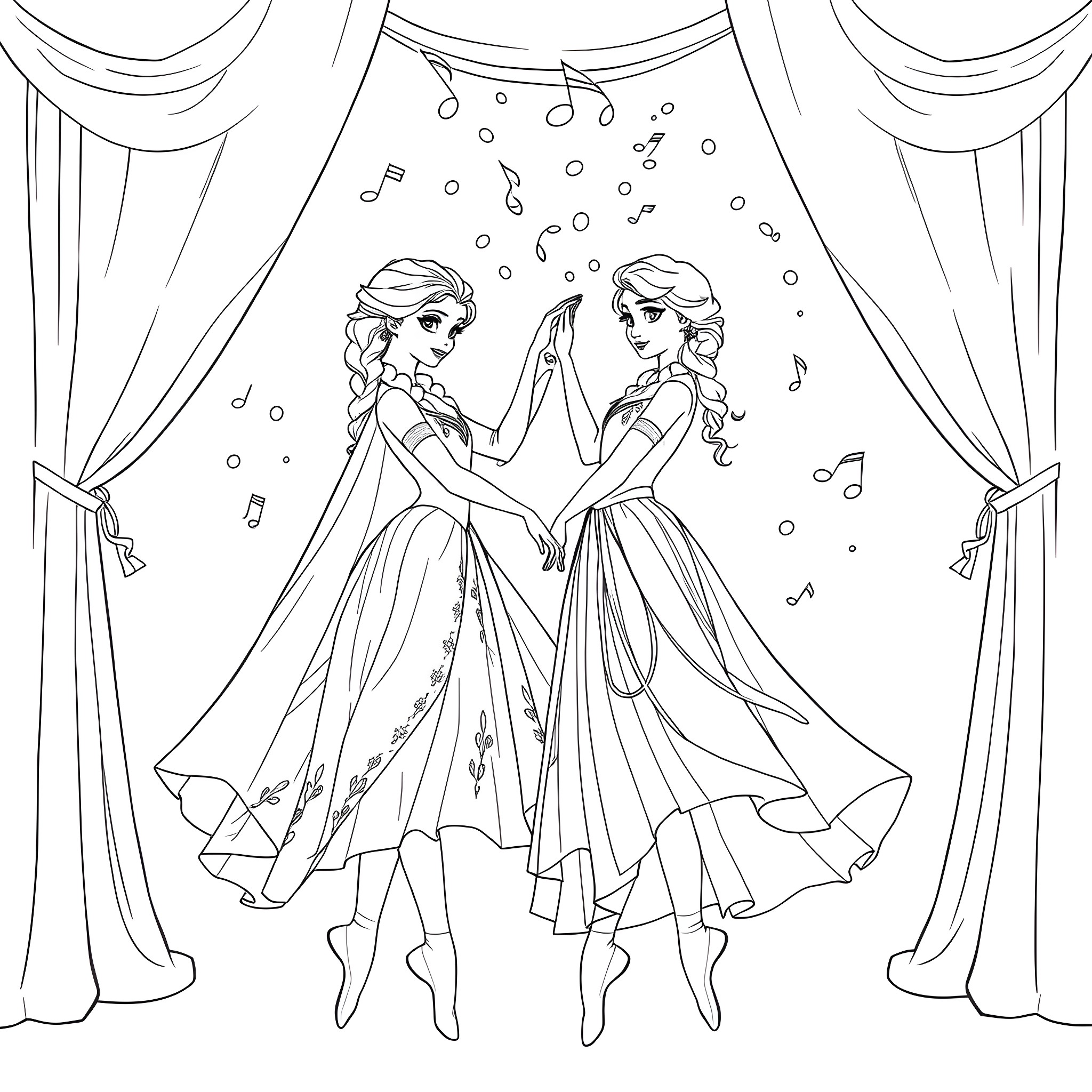 Ballerina sisters performing in theater Coloring Page (free black-and-white line drawing printable PDF for all, from beginners to advanced learners, including children, teens, adults, and seniors)