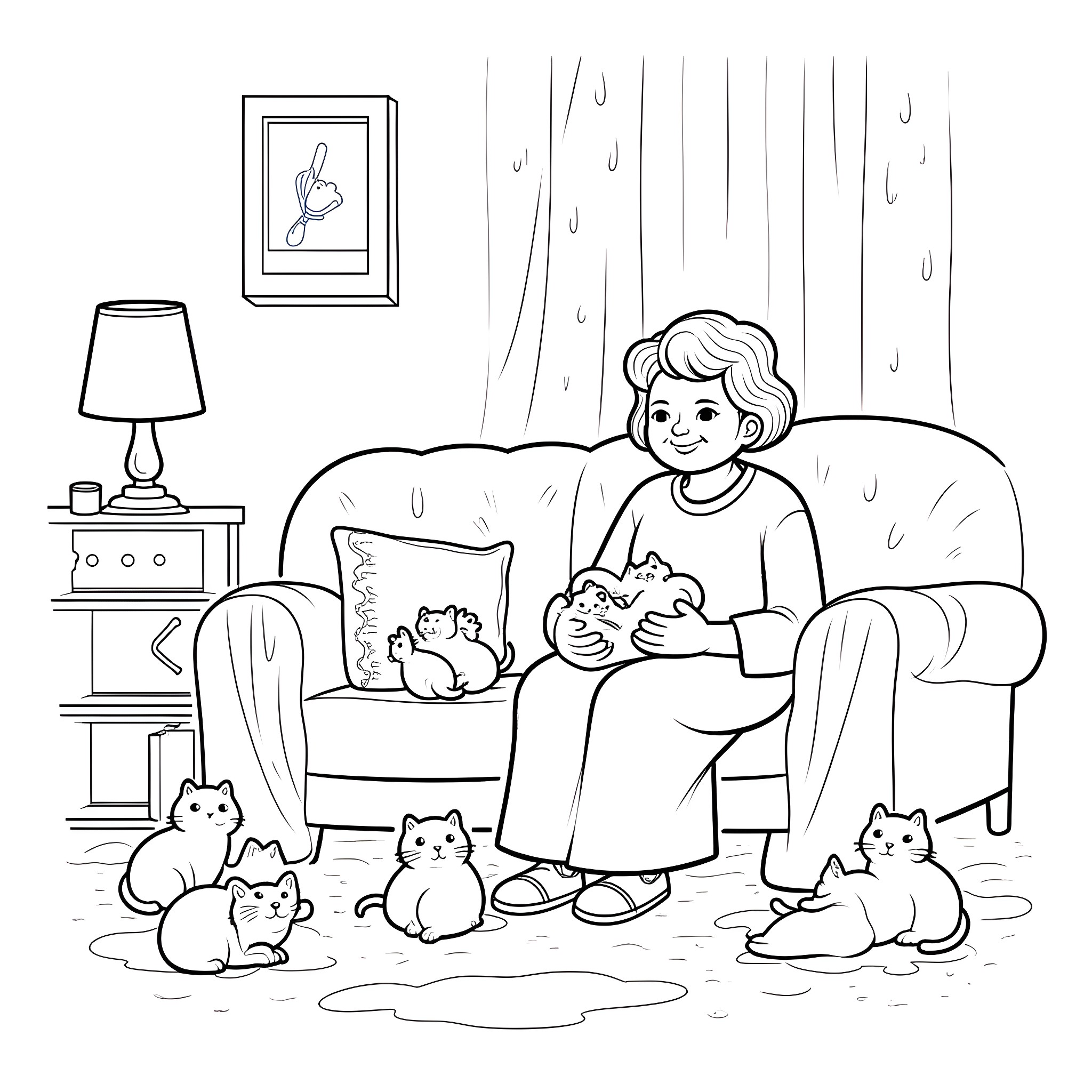 Grandma Cuddling Cats on Cozy Rainy Day Coloring Page (free black-and-white line drawing printable PDF for all, from beginners to advanced learners, including children, teens, adults, and seniors)