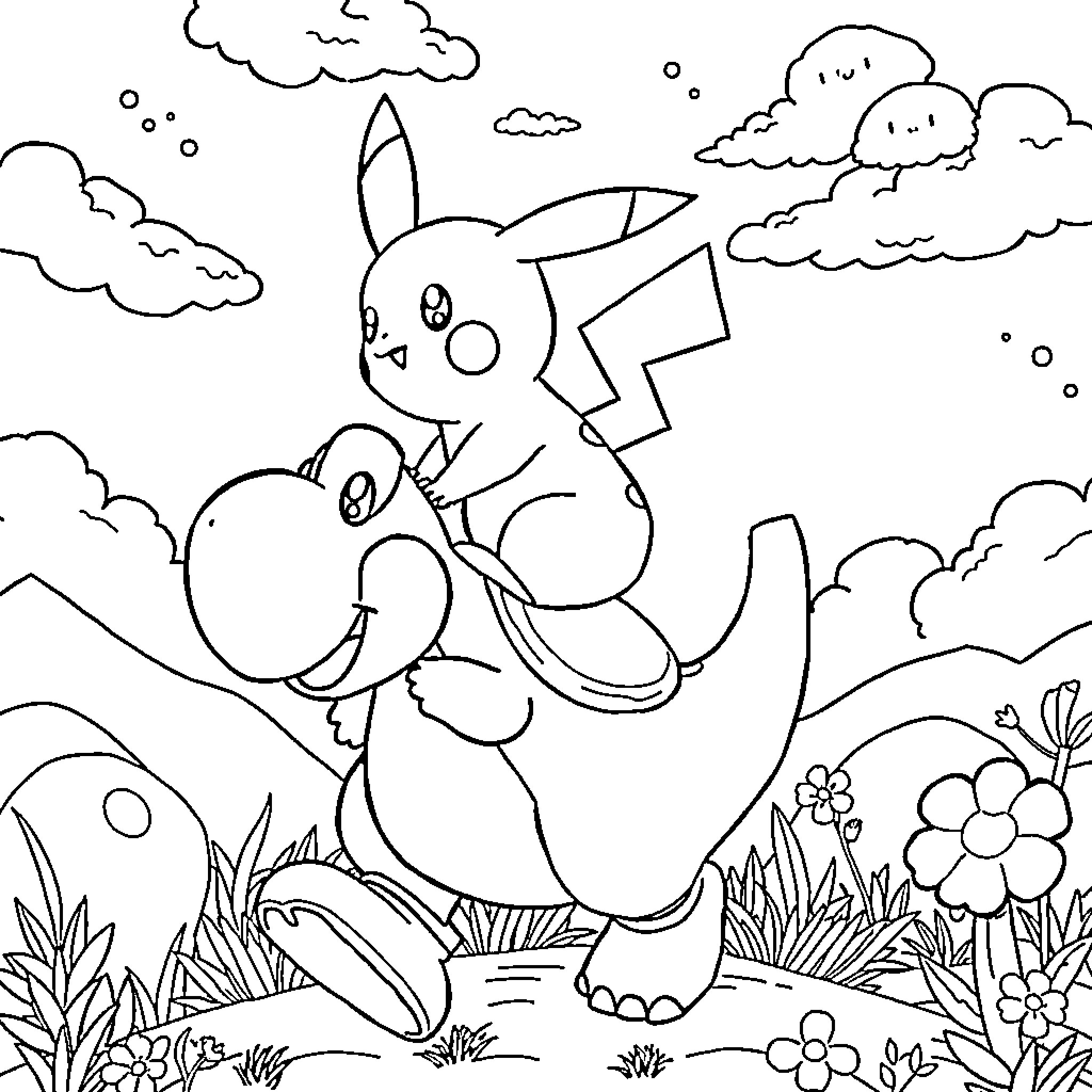 Pikachu riding a happy Pokémon companion in a scenic landscape Coloring Page (free black-and-white line drawing printable PDF for all, from beginners to advanced learners, including children, teens, adults, and seniors)