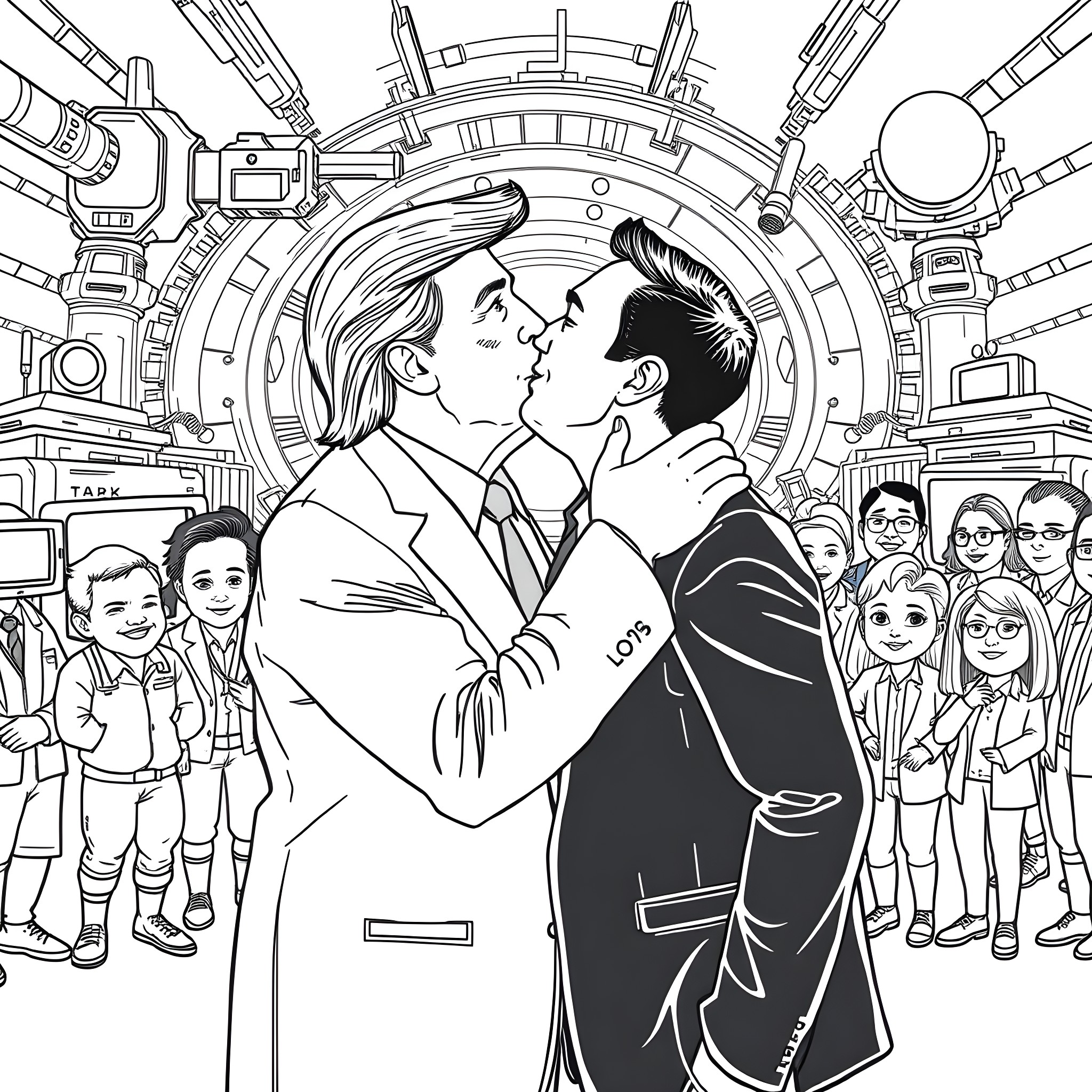 Trump's Controversial Embrace: A Polarizing Political Scene Coloring Page (free black-and-white line drawing printable PDF for all, from beginners to advanced learners, including children, teens, adults, and seniors)