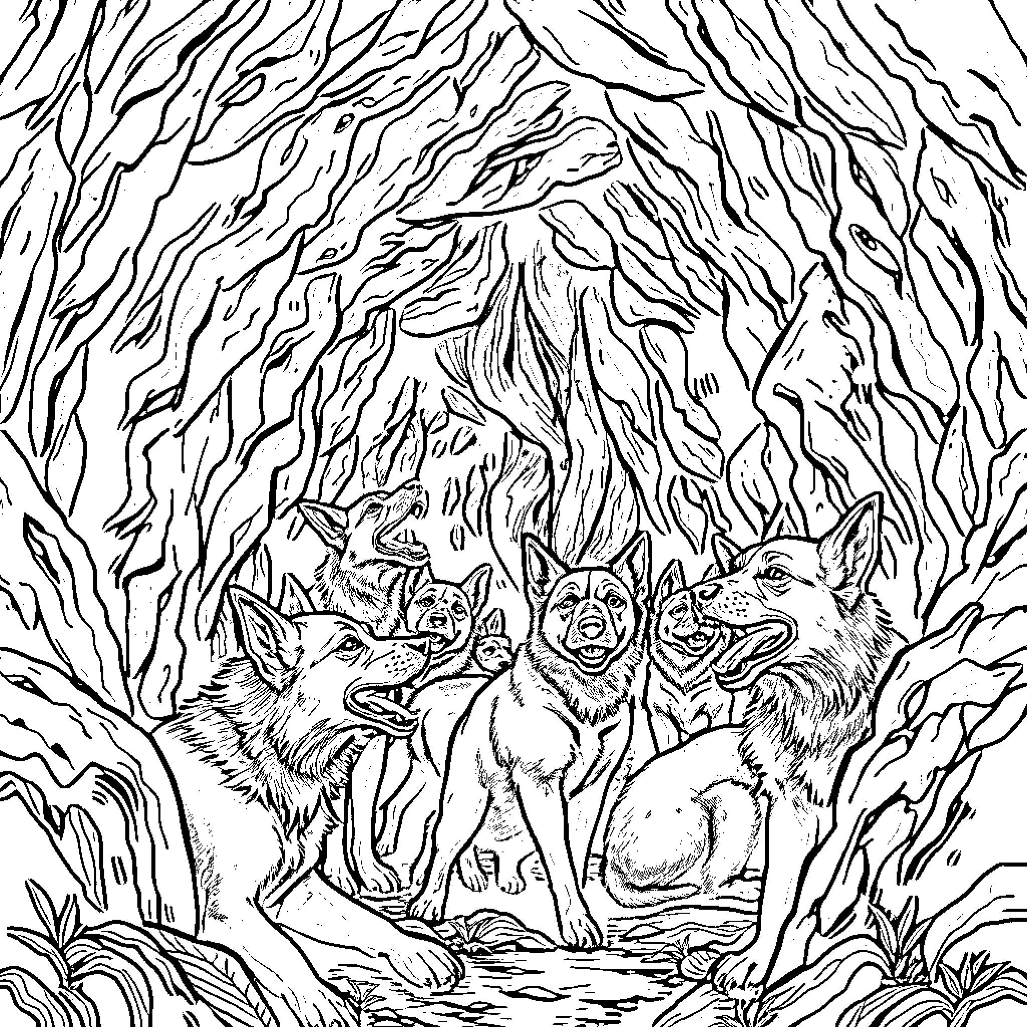 Dog pack exploring the dense forest Coloring Page (free black-and-white line drawing printable PDF for all, from beginners to advanced learners, including children, teens, adults, and seniors)
