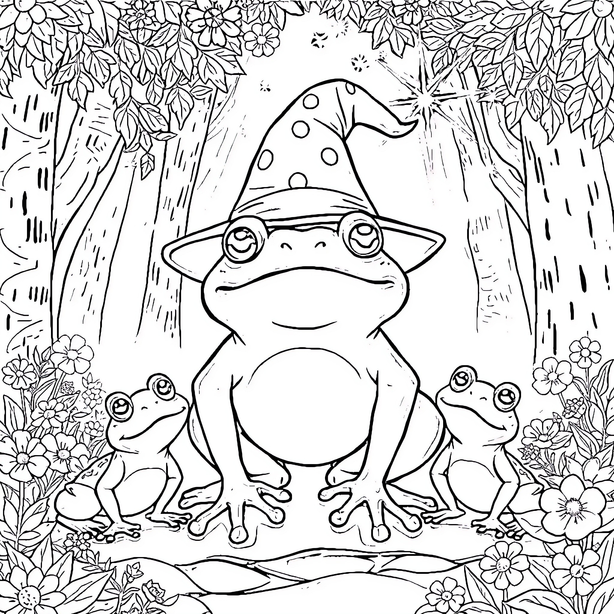 Frogs wearing hats in a magical forest Coloring Page (free black-and-white line drawing printable PDF for all, from beginners to advanced learners, including children, teens, adults, and seniors)