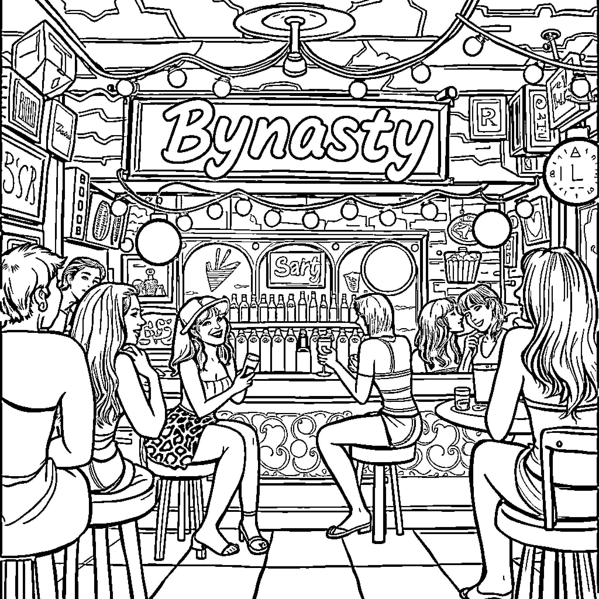 Bar Scene with Vibrant Characters and Decor Coloring Page (free black-and-white line drawing printable PDF for all, from beginners to advanced learners, including children, teens, adults, and seniors)