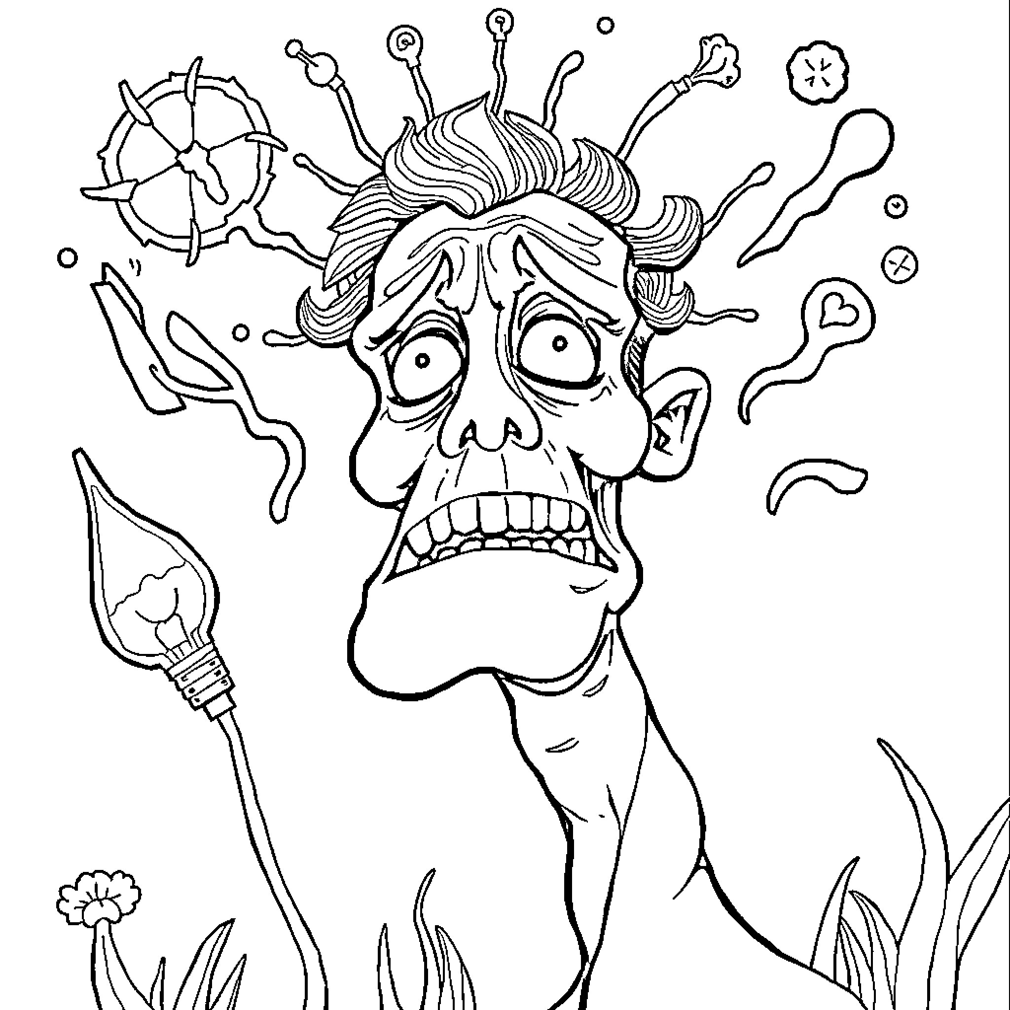 Anything Depicts Eccentric Character with Bizarre Expression Coloring Page (free black-and-white line drawing printable PDF for all, from beginners to advanced learners, including children, teens, adults, and seniors)