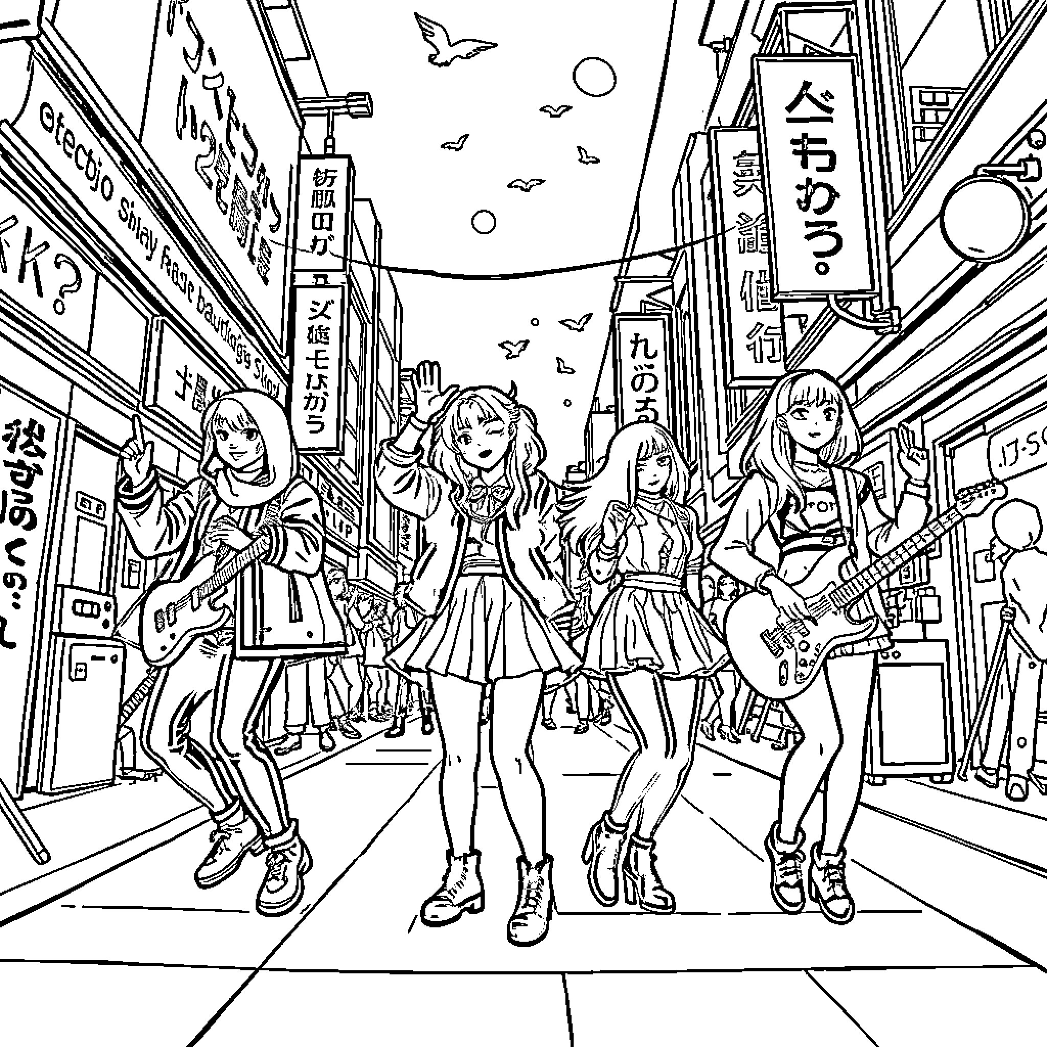 K-Pop Warriors in Vibrant City Showcase Coloring Page (free black-and-white line drawing printable PDF for all, from beginners to advanced learners, including children, teens, adults, and seniors)
