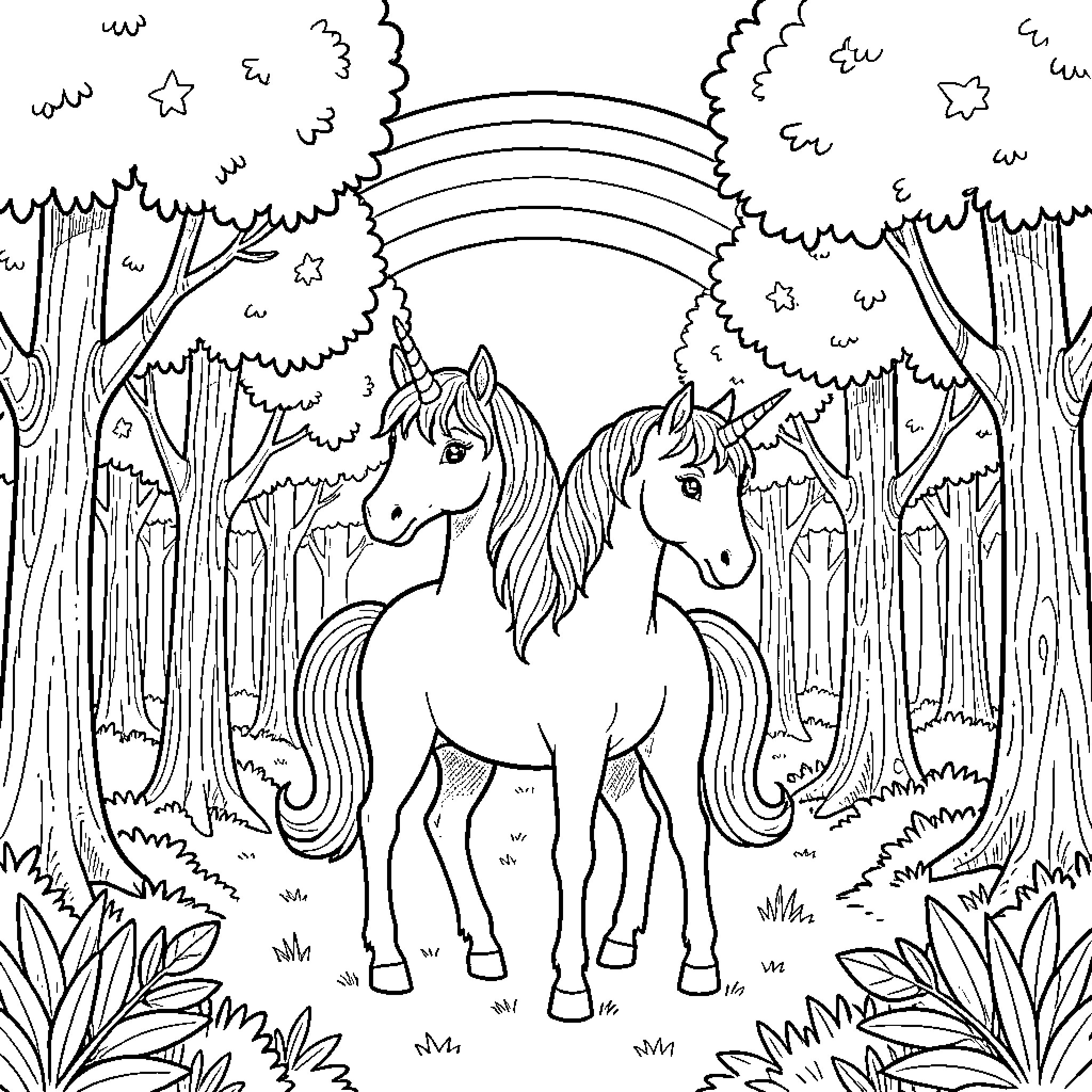 Licorne standing together in a magical forest Coloring Page (free black-and-white line drawing printable PDF for all, from beginners to advanced learners, including children, teens, adults, and seniors)