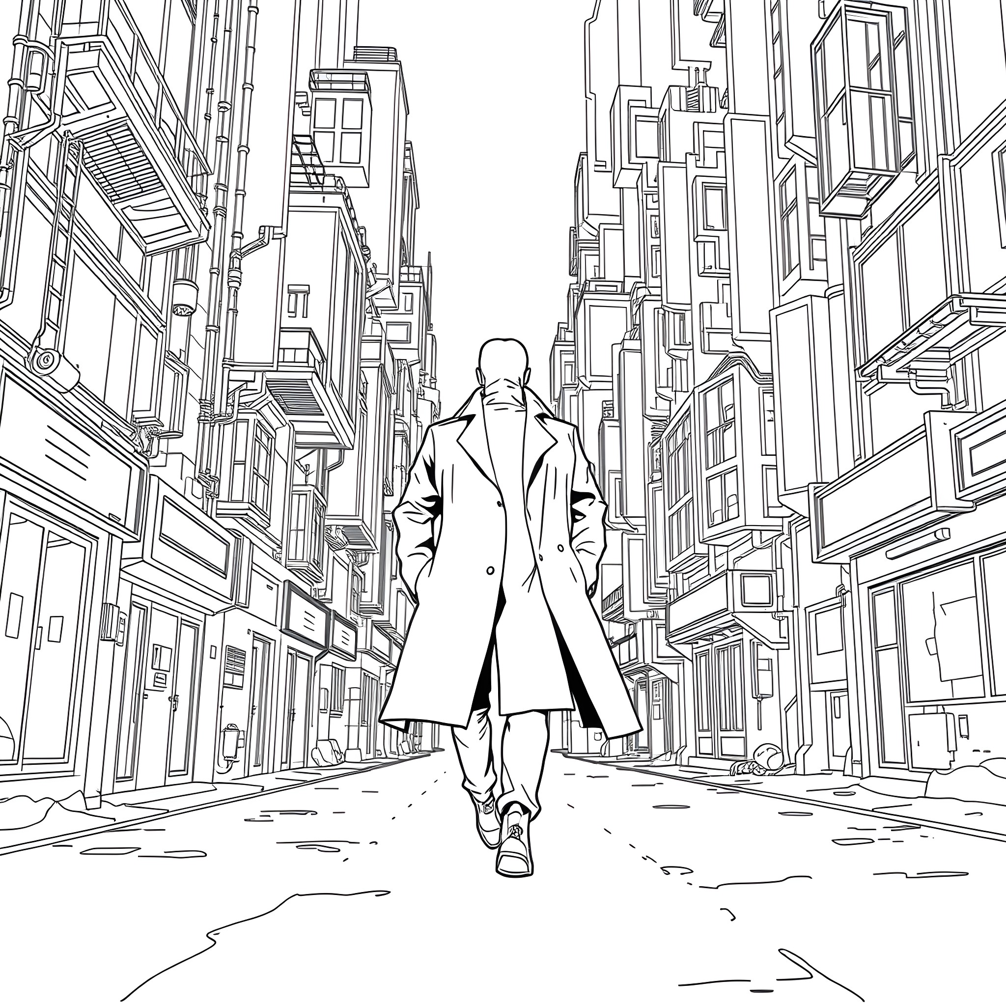 Detective investigating the bustling cityscape Coloring Page (free black-and-white line drawing printable PDF for all, from beginners to advanced learners, including children, teens, adults, and seniors)