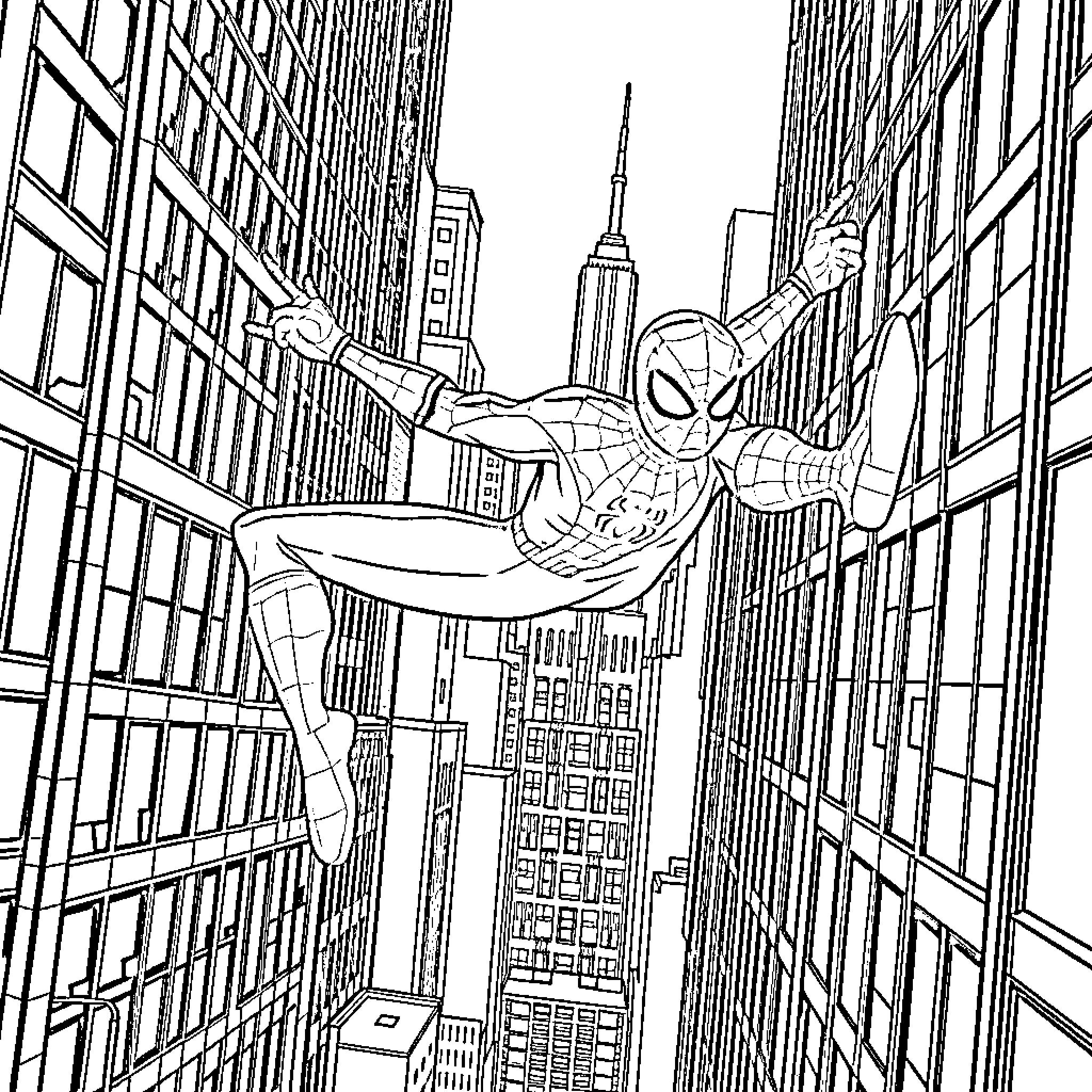 Spiderman swinging through the city skyline Coloring Page (free black-and-white line drawing printable PDF for all, from beginners to advanced learners, including children, teens, adults, and seniors)