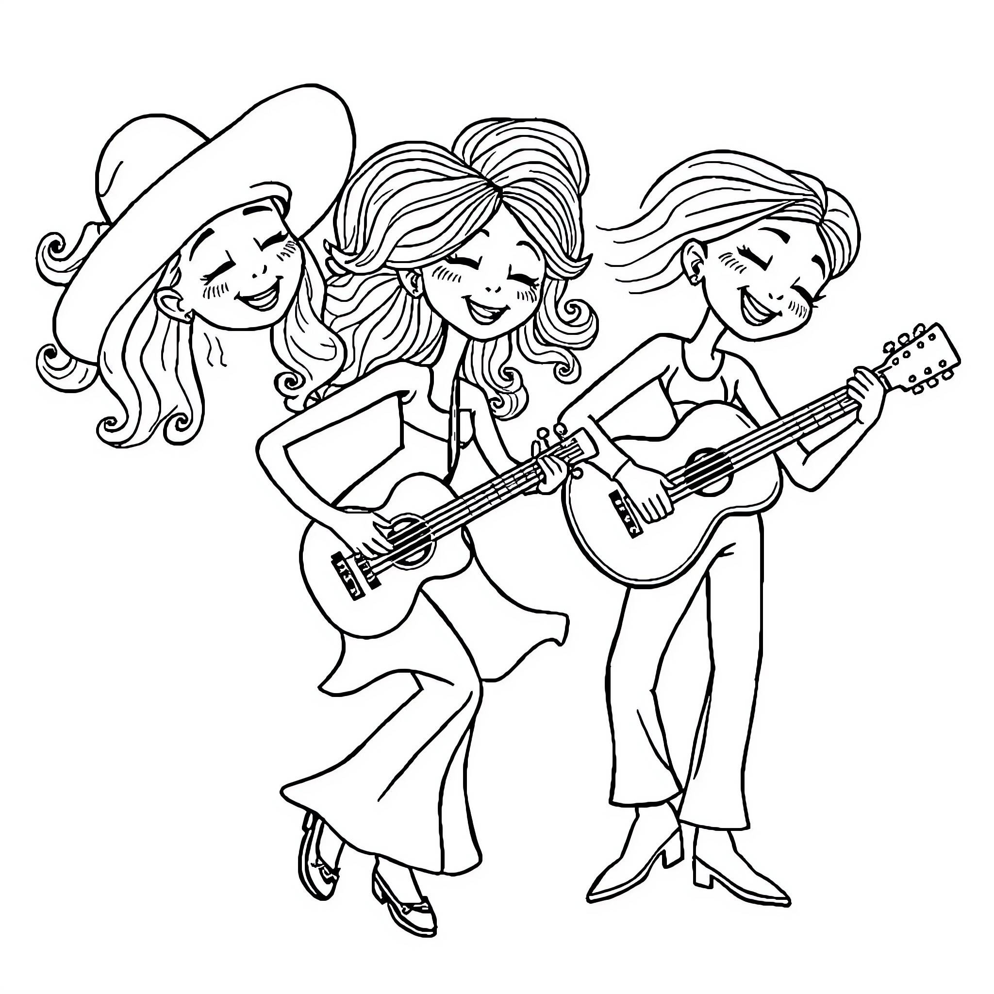 Animated Musical Figures Performing Together Coloring Page (free black-and-white line drawing printable PDF for all, from beginners to advanced learners, including children, teens, adults, and seniors)