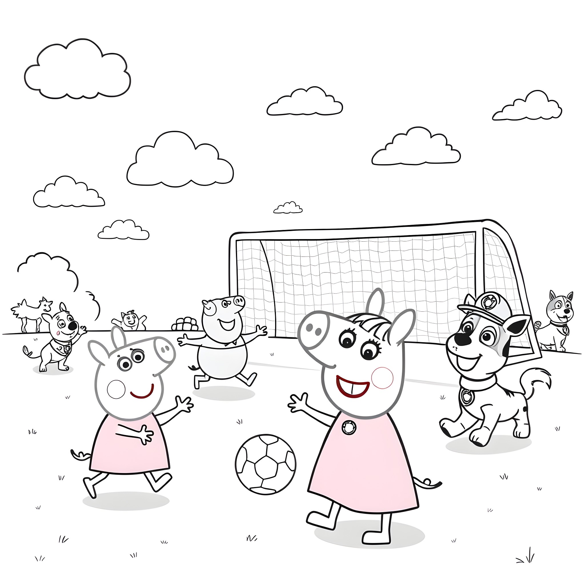 Peppa Pig and friends playing soccer on a field Coloring Page (free black-and-white line drawing printable PDF for all, from beginners to advanced learners, including children, teens, adults, and seniors)