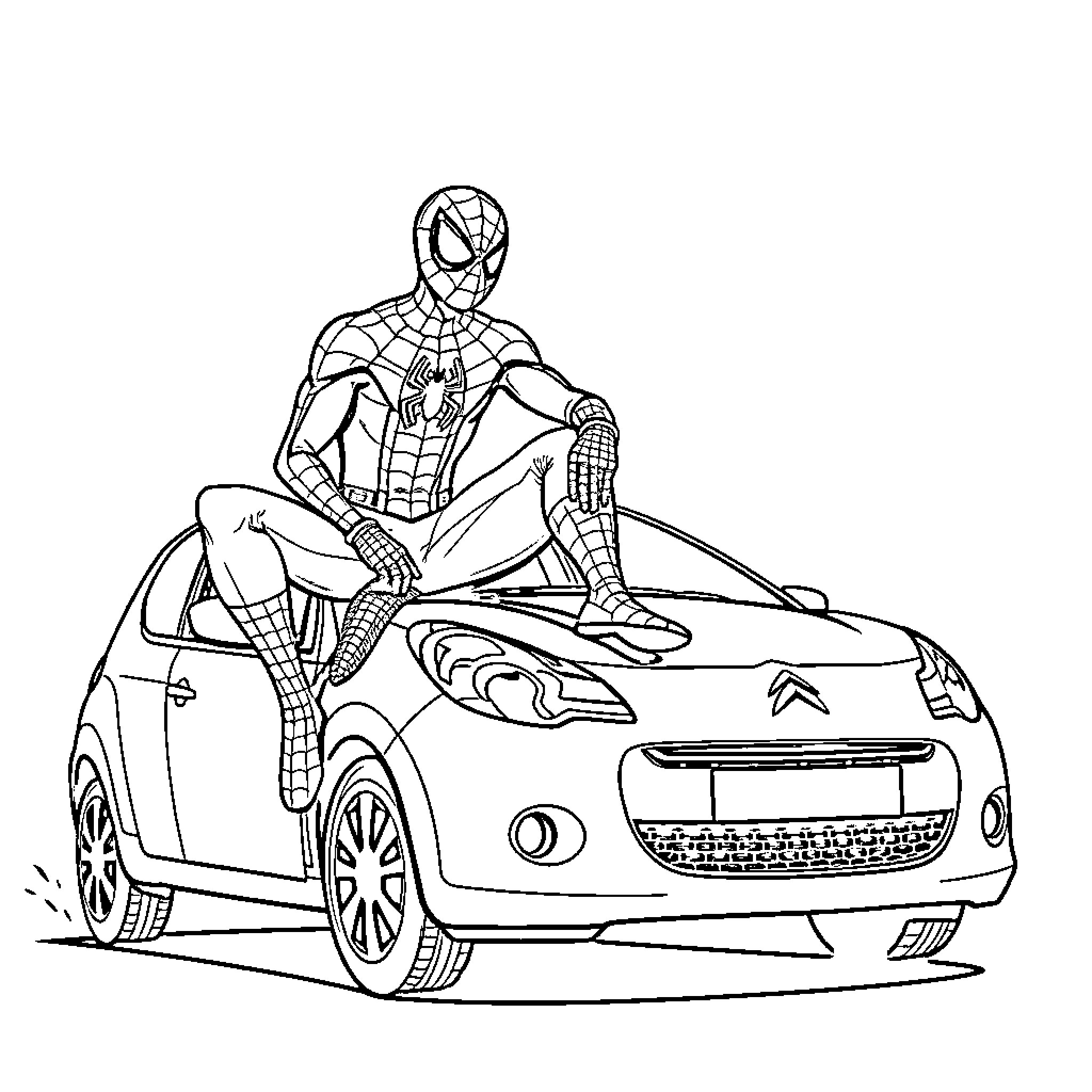 Spiderman posing on a car in a street scene Coloring Page (free black-and-white line drawing printable PDF for all, from beginners to advanced learners, including children, teens, adults, and seniors)