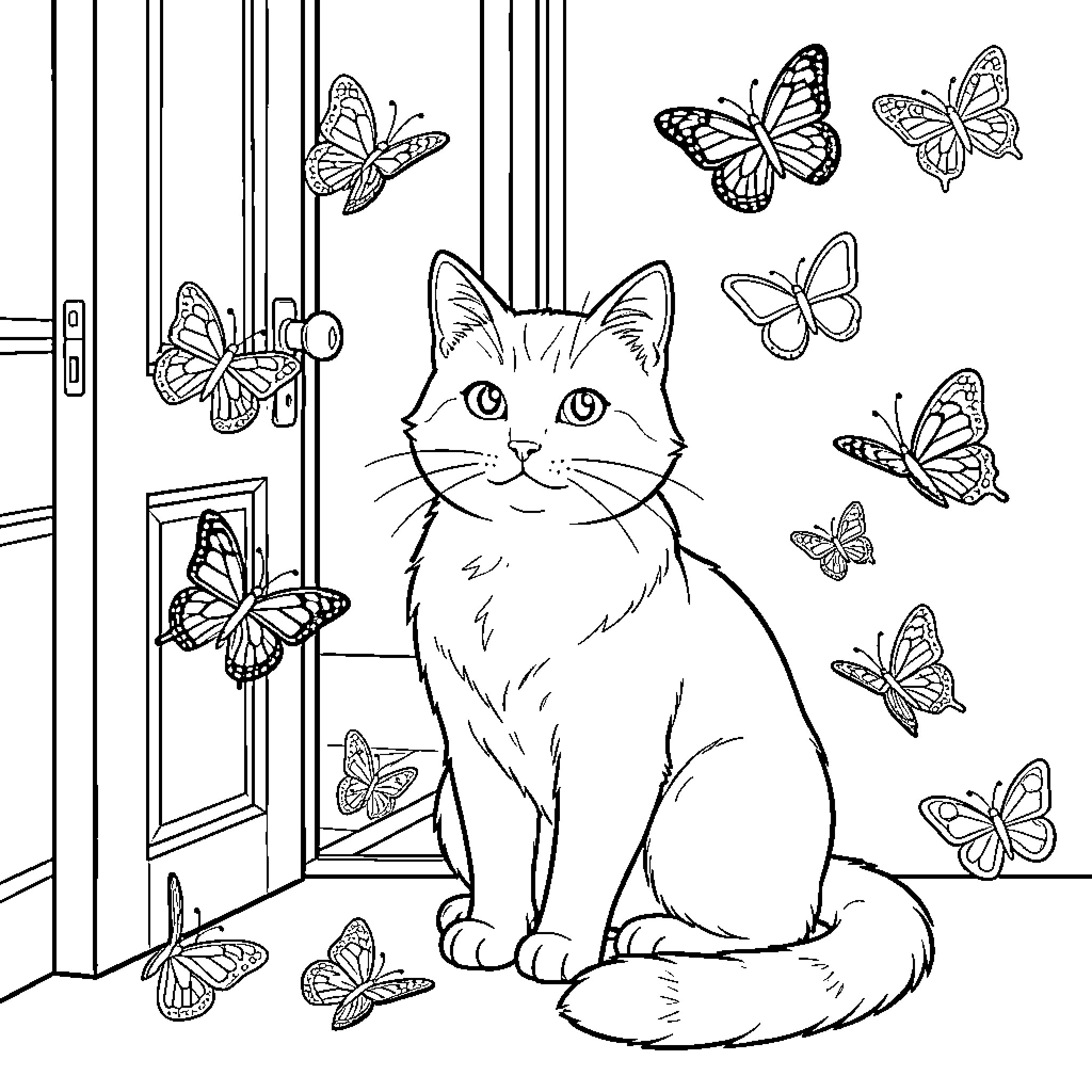 Gato observing curious butterflies in the room Coloring Page (free black-and-white line drawing printable PDF for all, from beginners to advanced learners, including children, teens, adults, and seniors)