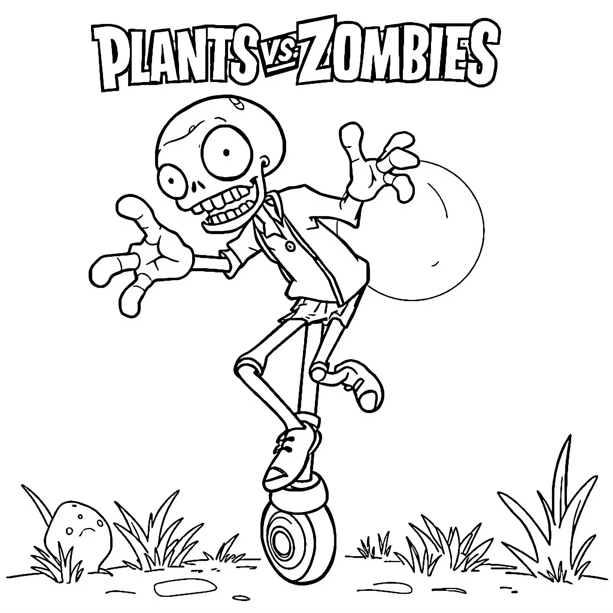Pogo Zombie jumping excitedly in a grassy scene Coloring Page (free black-and-white line drawing printable PDF for all, from beginners to advanced learners, including children, teens, adults, and seniors)