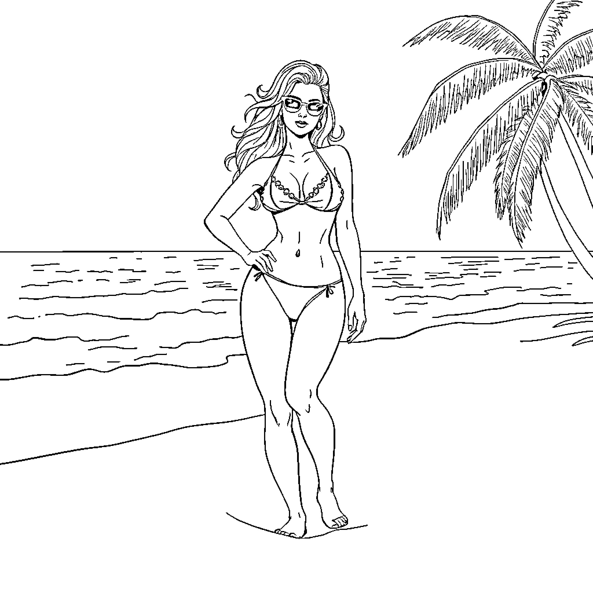 Bikini Model Posing Confidently on Tropical Beach Coloring Page (free black-and-white line drawing printable PDF for all, from beginners to advanced learners, including children, teens, adults, and seniors)
