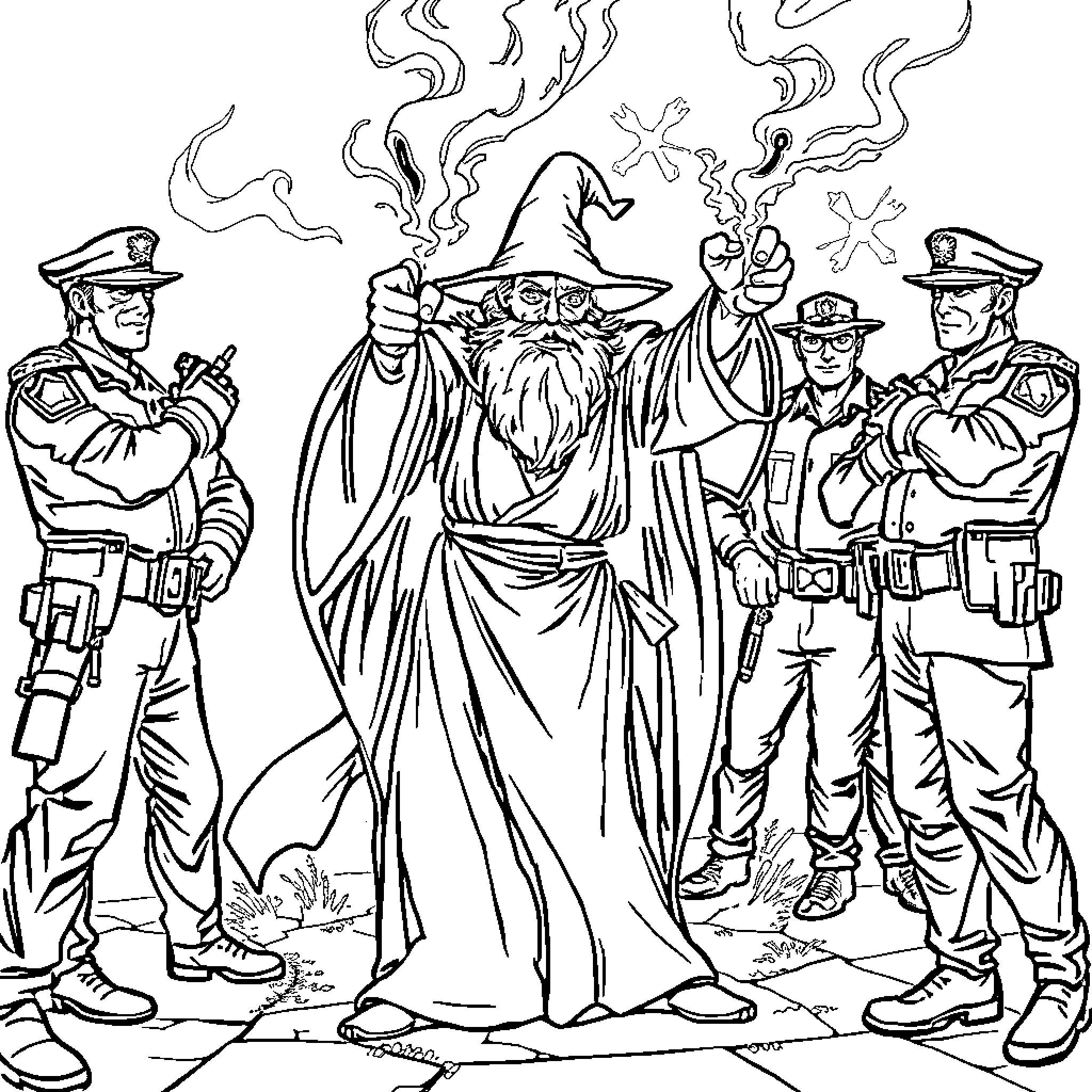 Wizard arrested by police officers in uniform Coloring Page (free black-and-white line drawing printable PDF for all, from beginners to advanced learners, including children, teens, adults, and seniors)