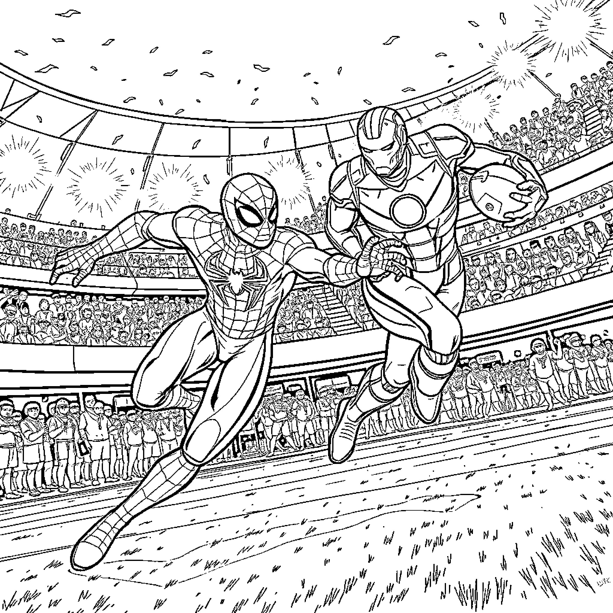 Spider-Man and Iron Man in heroic action at a sports stadium Coloring Page (free black-and-white line drawing printable PDF for all, from beginners to advanced learners, including children, teens, adults, and seniors)