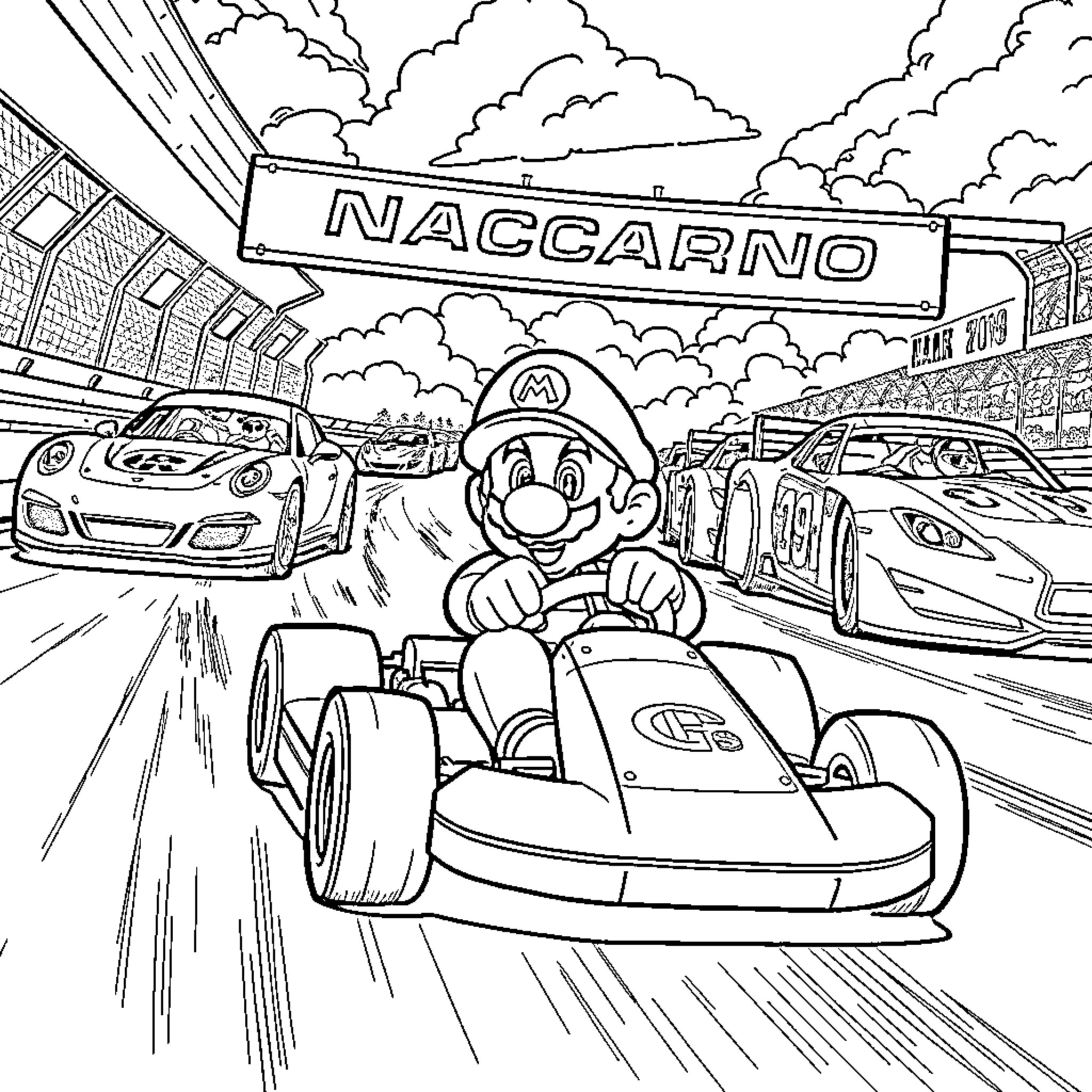 Mario Kart Racing at Naccarno Speedway Coloring Page (free black-and-white line drawing printable PDF for all, from beginners to advanced learners, including children, teens, adults, and seniors)