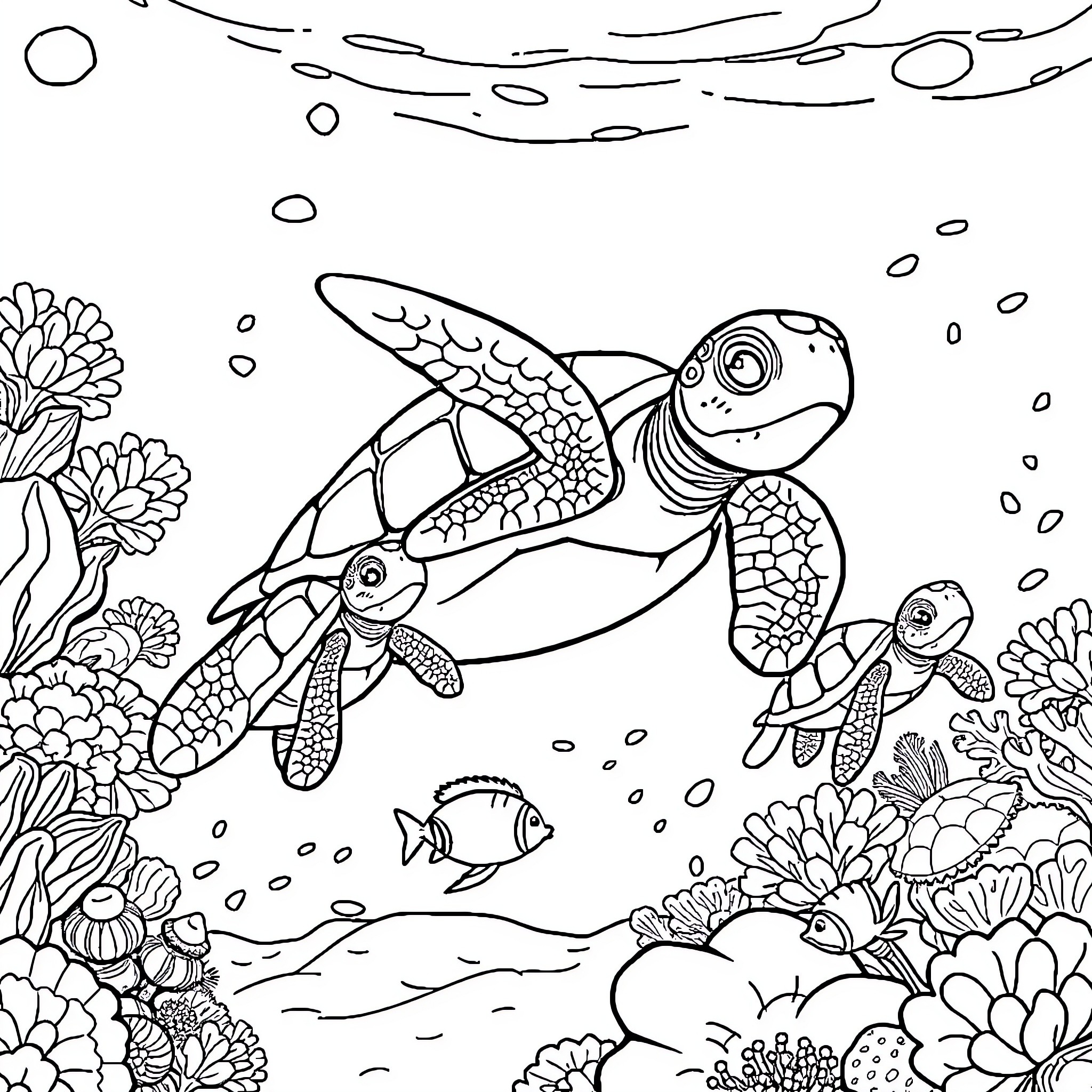 Turtle family swimming in the underwater scene Coloring Page (free black-and-white line drawing printable PDF for all, from beginners to advanced learners, including children, teens, adults, and seniors)