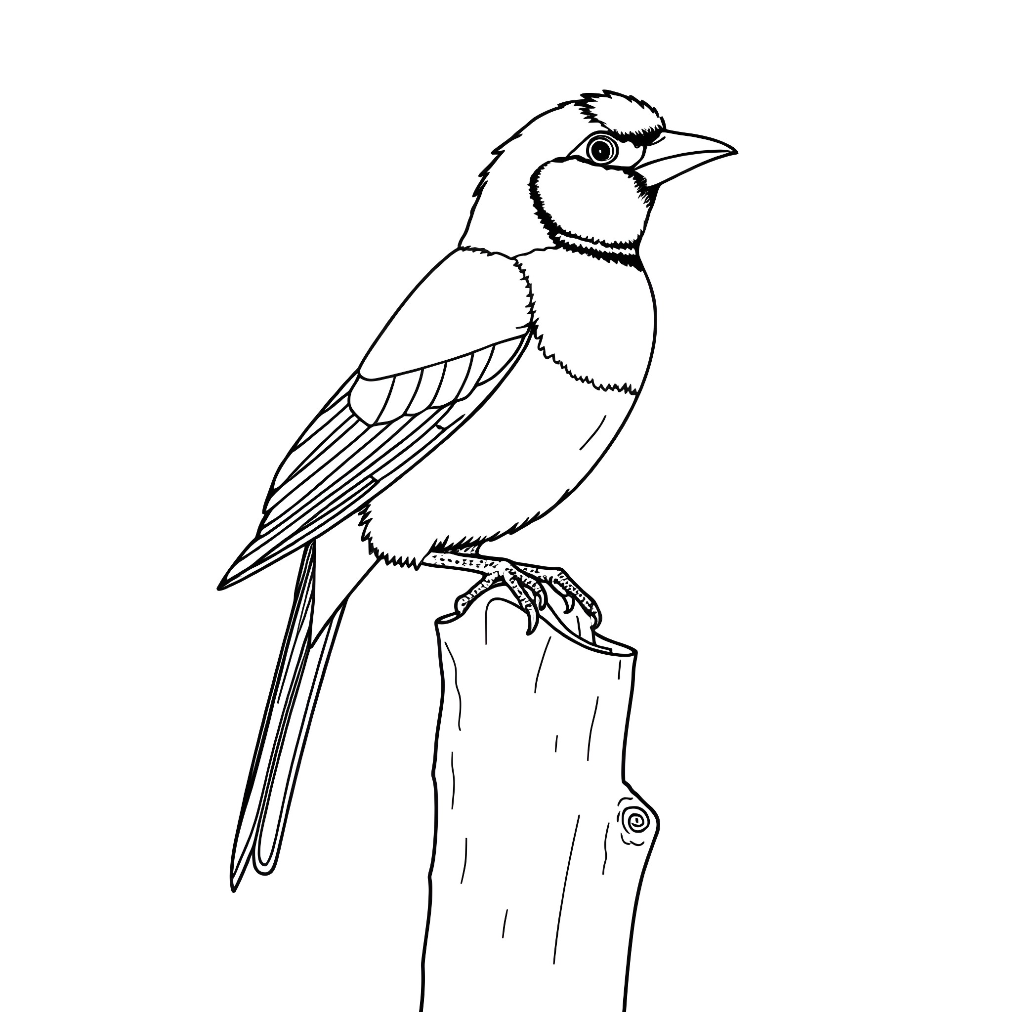 Gouldian Finch perched on a post Coloring Page (free black-and-white line drawing printable PDF for all, from beginners to advanced learners, including children, teens, adults, and seniors)
