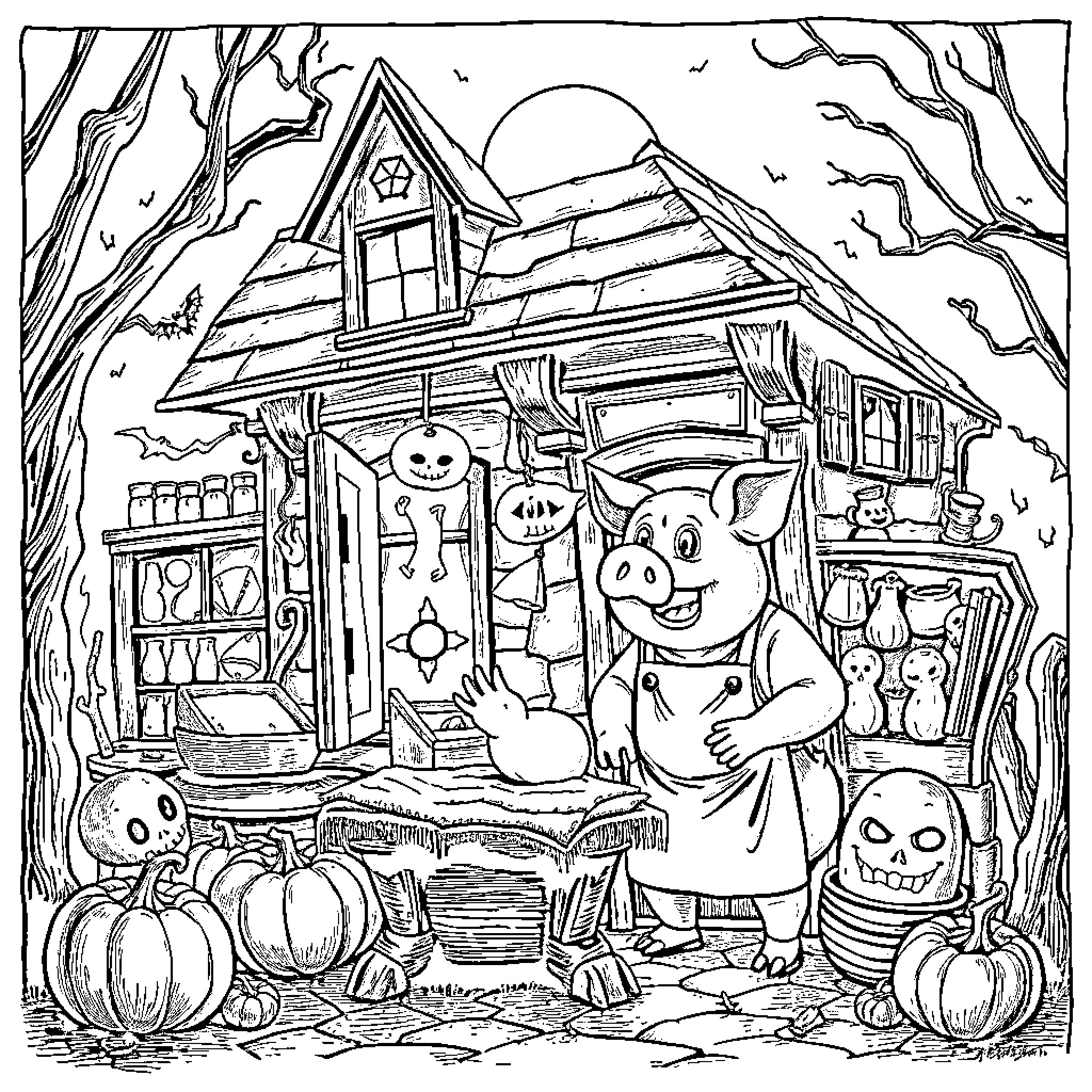 Butcher displaying spooky Halloween decorations Coloring Page (free black-and-white line drawing printable PDF for all, from beginners to advanced learners, including children, teens, adults, and seniors)