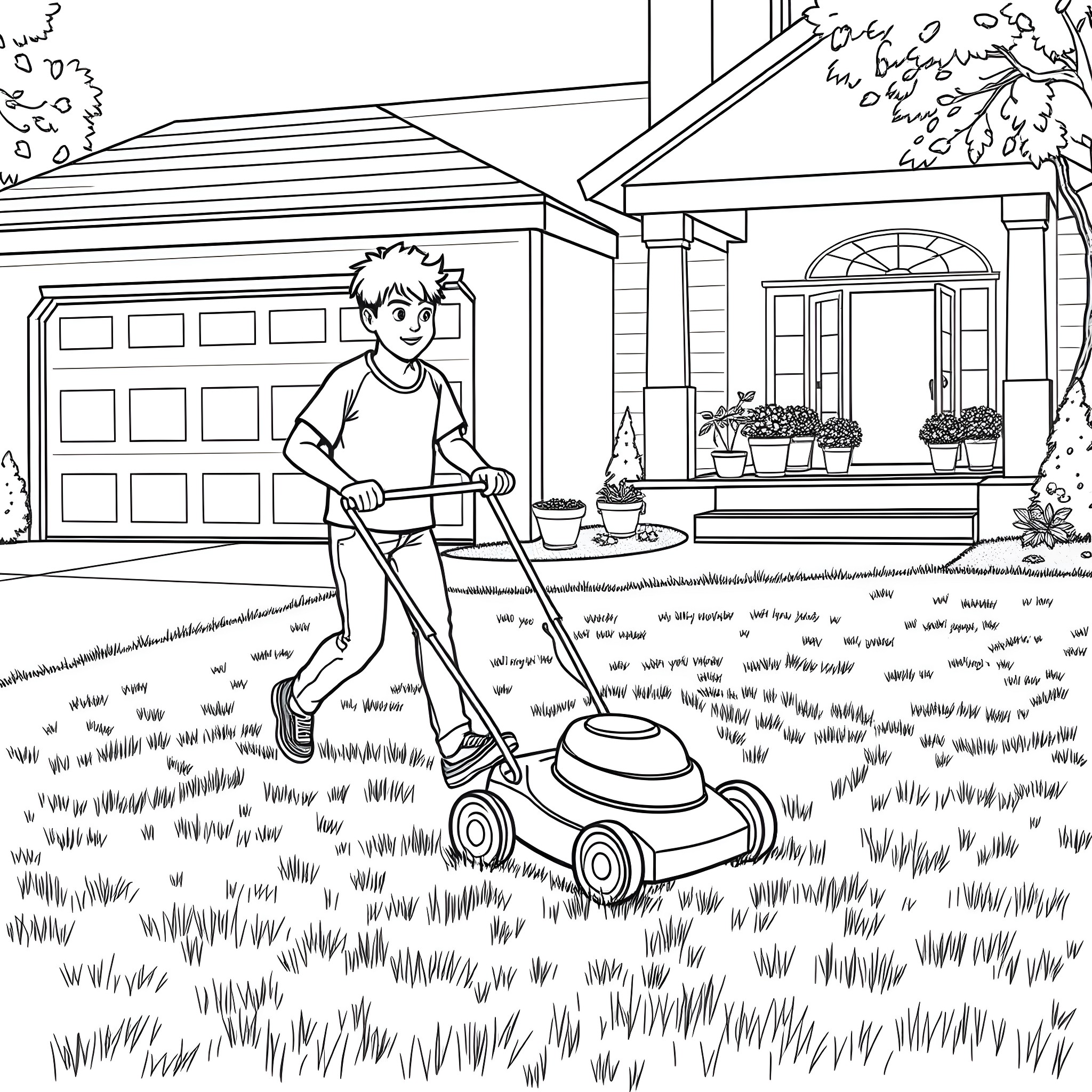 Teen Guy mowing the lawn in front of his house Coloring Page (free black-and-white line drawing printable PDF for all, from beginners to advanced learners, including children, teens, adults, and seniors)