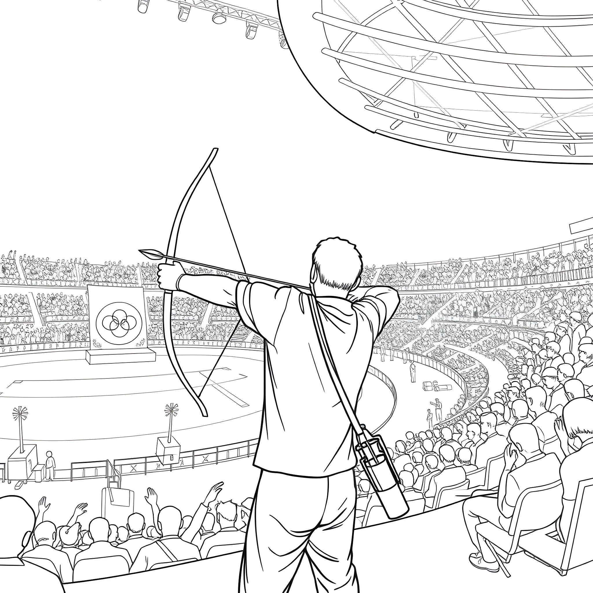 Archery competition in a packed sports stadium Coloring Page (free black-and-white line drawing printable PDF for all, from beginners to advanced learners, including children, teens, adults, and seniors)