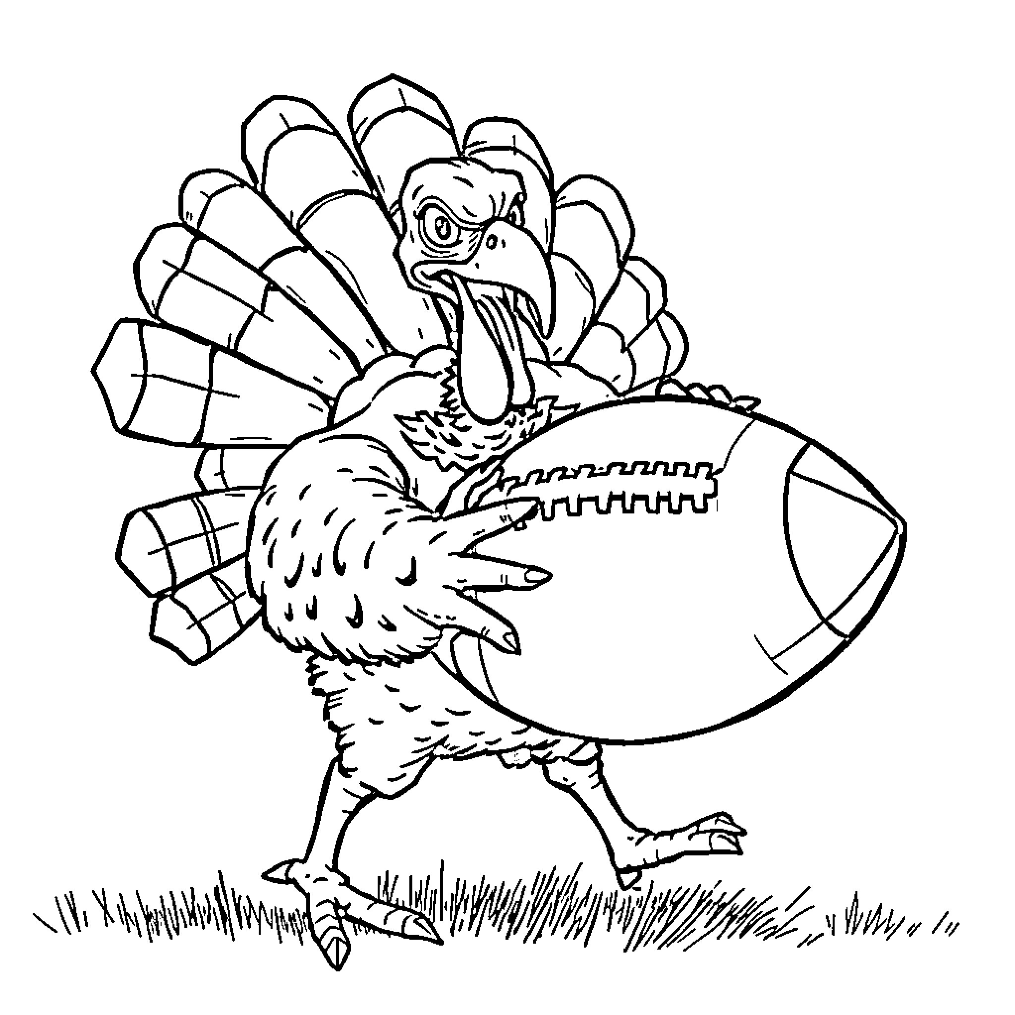 Turkey playing with football on the field Coloring Page (free black-and-white line drawing printable PDF for all, from beginners to advanced learners, including children, teens, adults, and seniors)