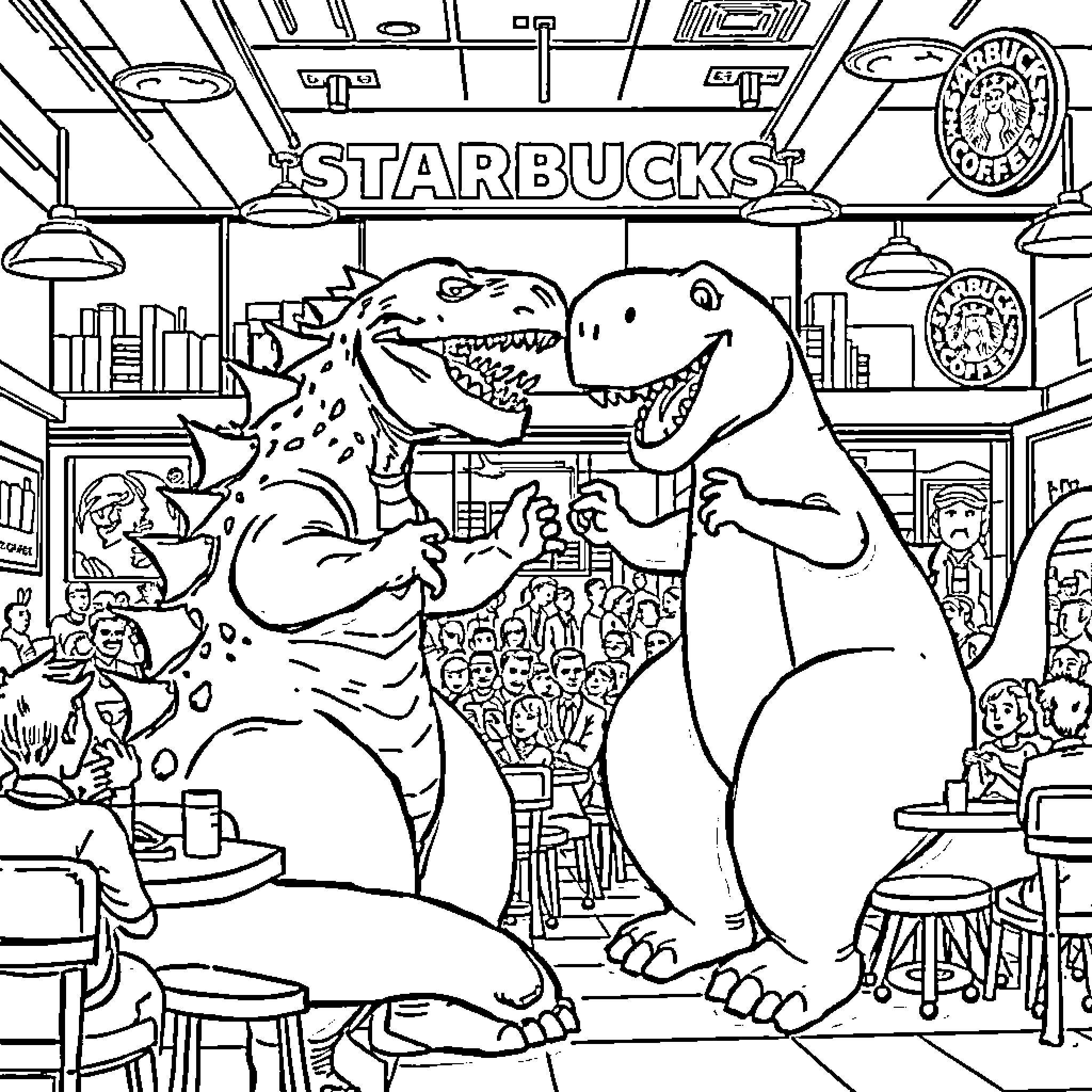 Godzilla and friends enjoying Starbucks in the city Coloring Page (free black-and-white line drawing printable PDF for all, from beginners to advanced learners, including children, teens, adults, and seniors)