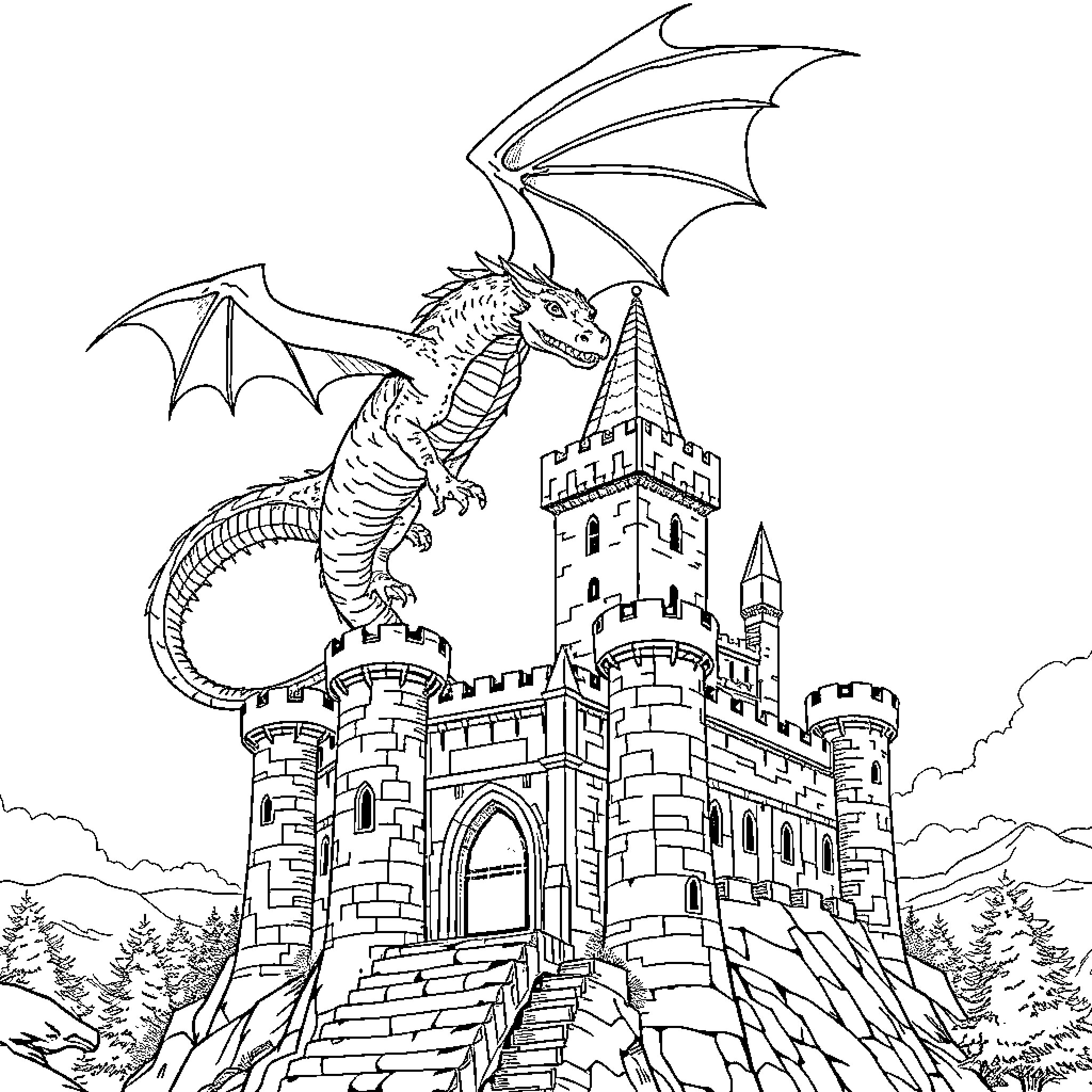 Dragon perching atop a majestic castle Coloring Page (free black-and-white line drawing printable PDF for all, from beginners to advanced learners, including children, teens, adults, and seniors)