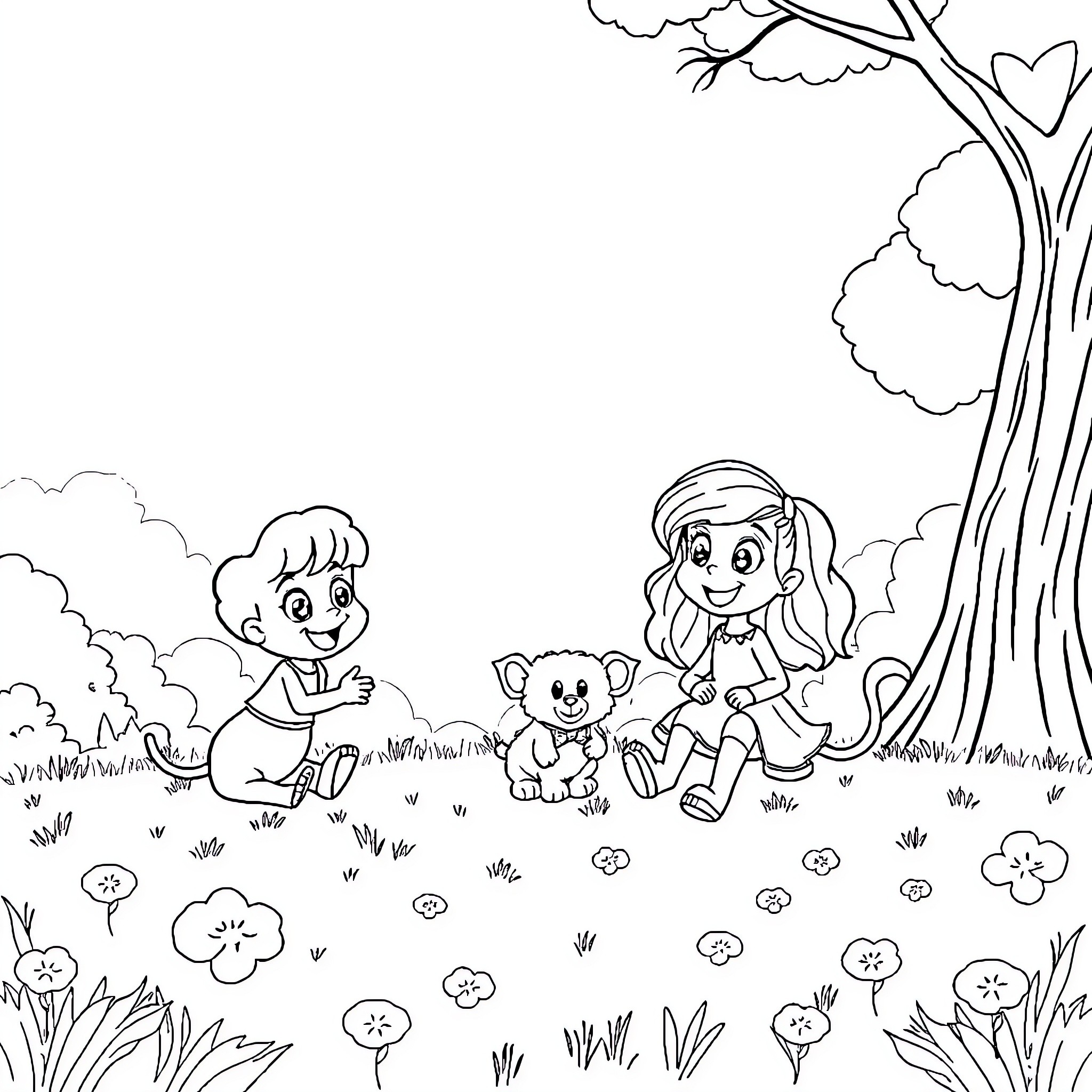 Bluey and Friends Explore the Outdoors Coloring Page (free black-and-white line drawing printable PDF for all, from beginners to advanced learners, including children, teens, adults, and seniors)