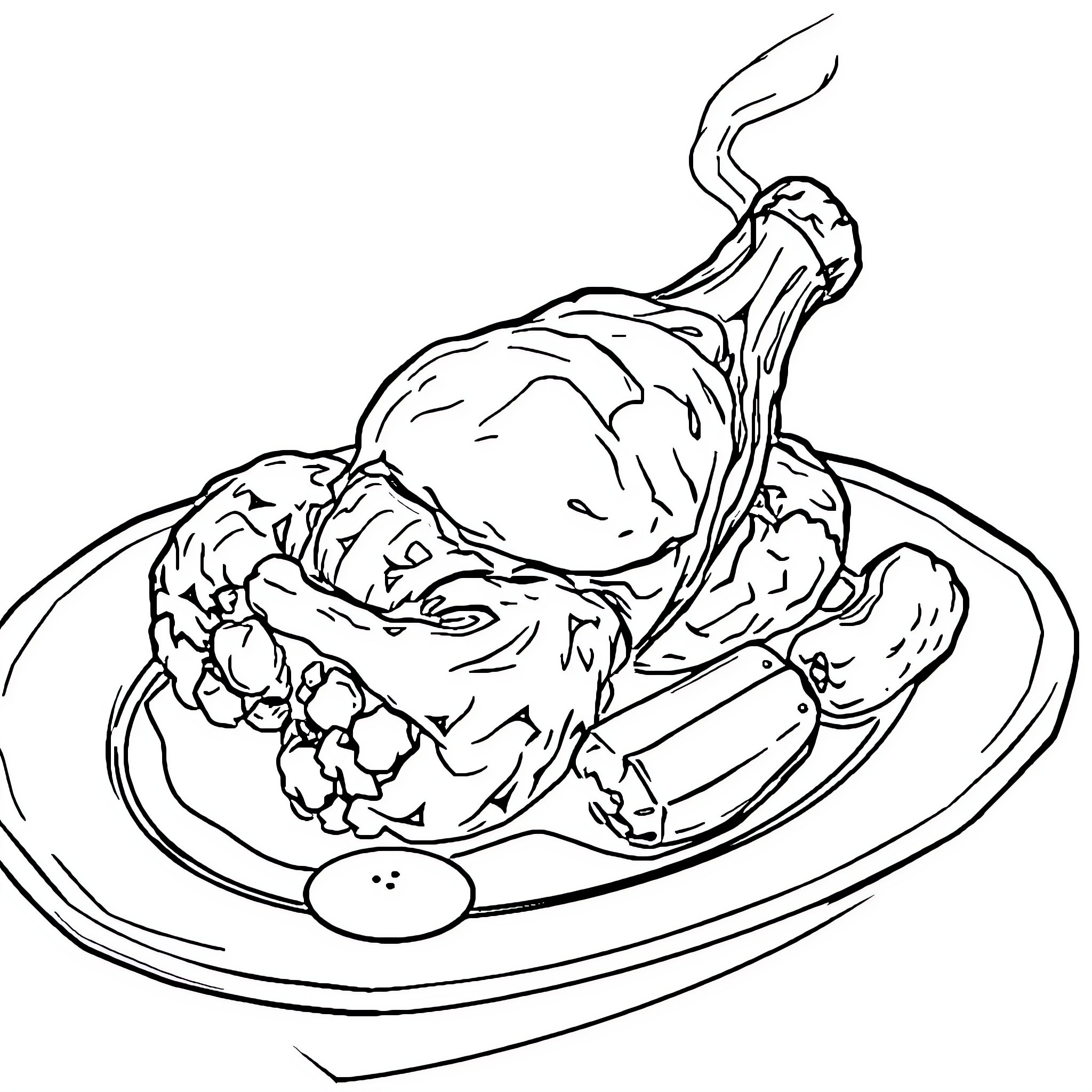 Chicken dish served on a plate Coloring Page (free black-and-white line drawing printable PDF for all, from beginners to advanced learners, including children, teens, adults, and seniors)